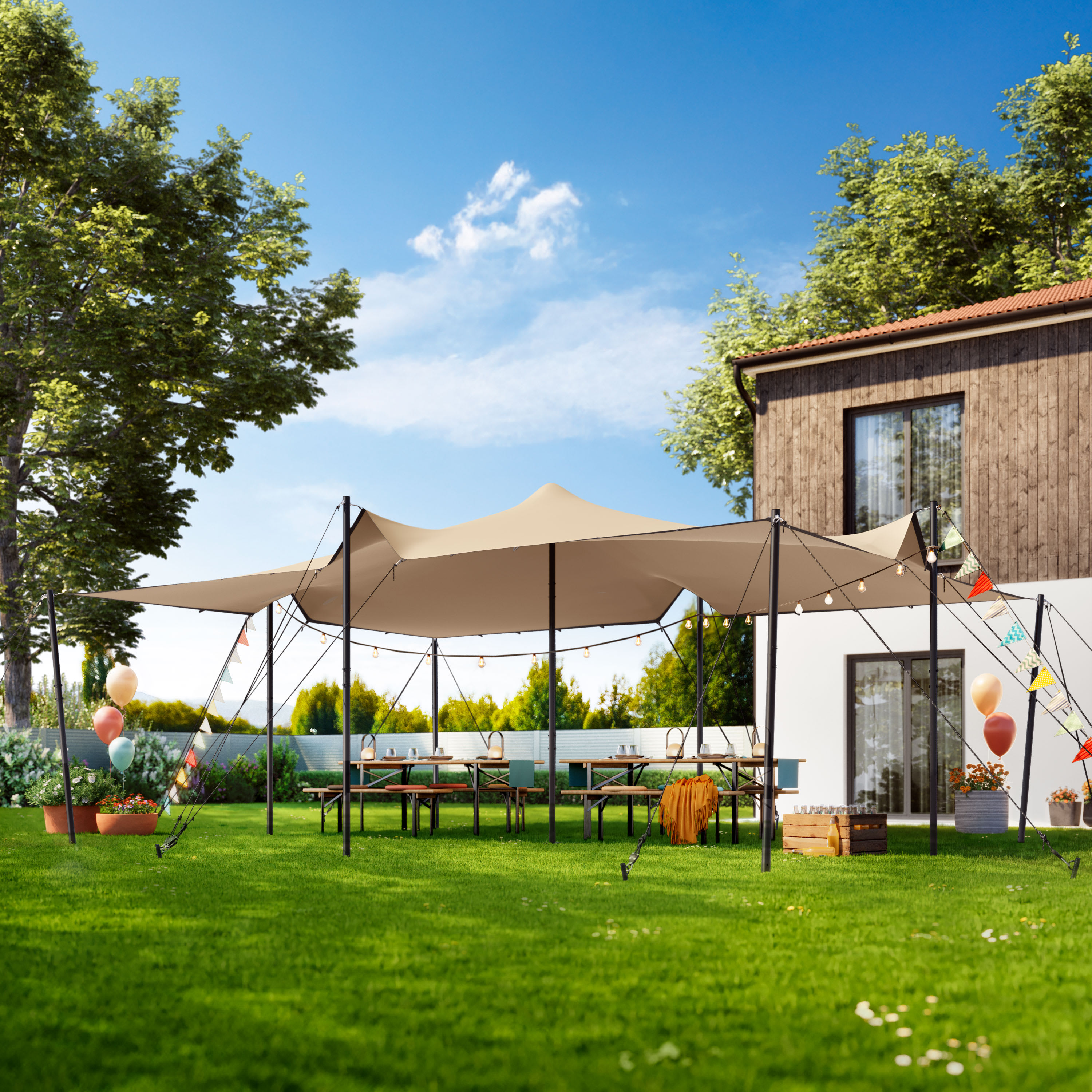 4,5x6 m Stretchzelt, inkl. Stahlpfosten-Set, Sand - (1700) Image