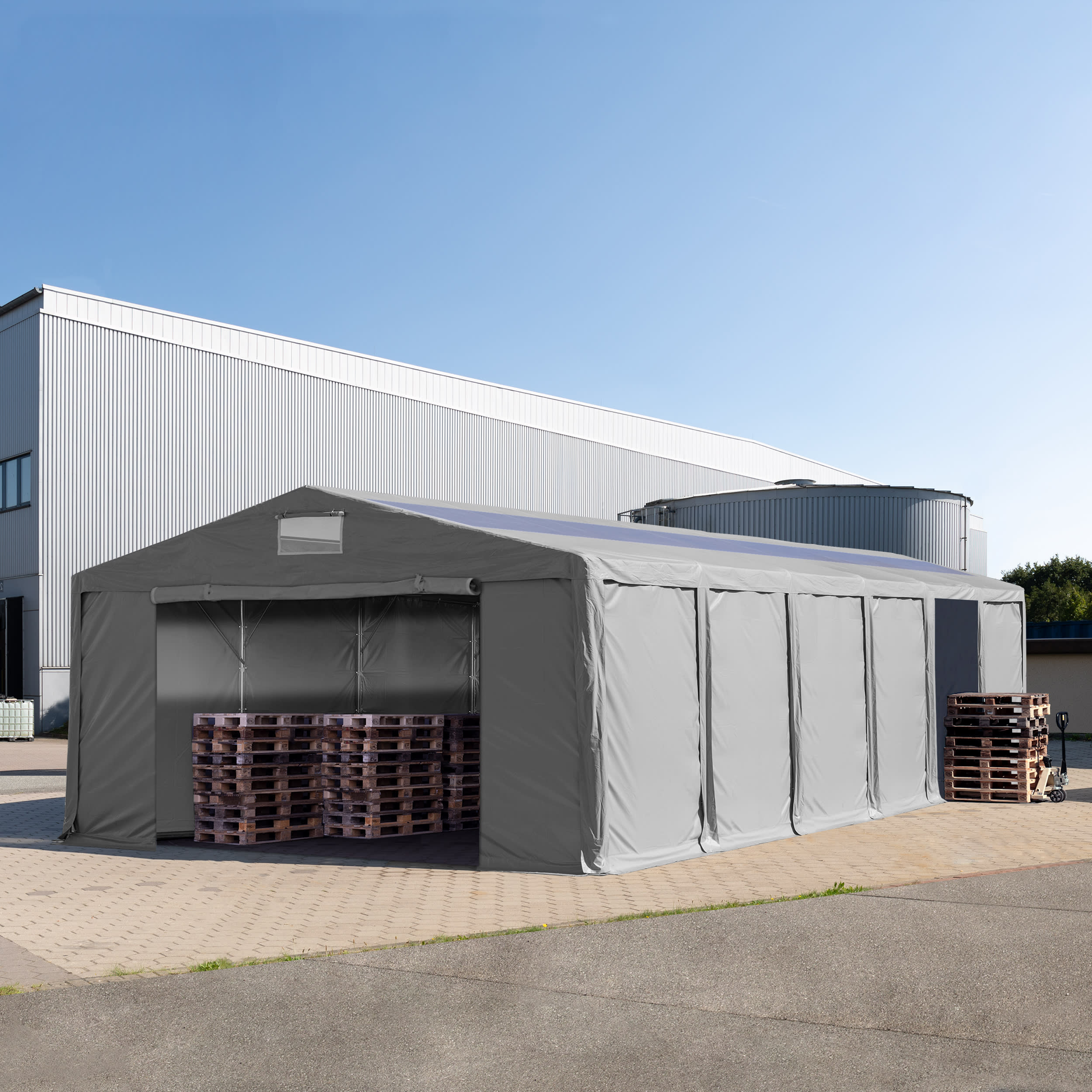 8x12 m Lagerzelt, PVC-Plane, grau, mit Bodenrahmen, mit Statik (Erduntergrund) - (93821) Image