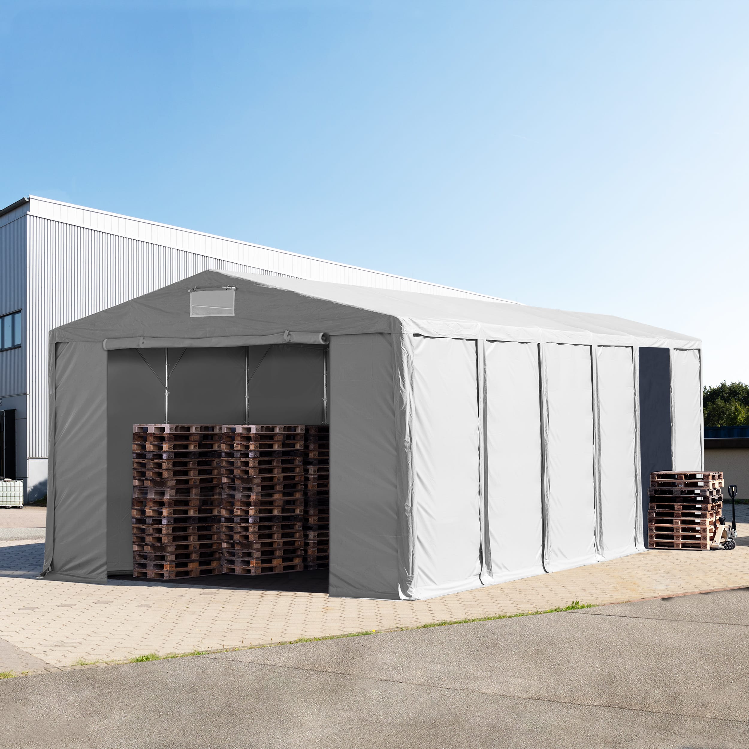 8x16 m Lagerzelt, PVC-Plane, grau, mit Bodenrahmen, ohne Statik - (94245) Image