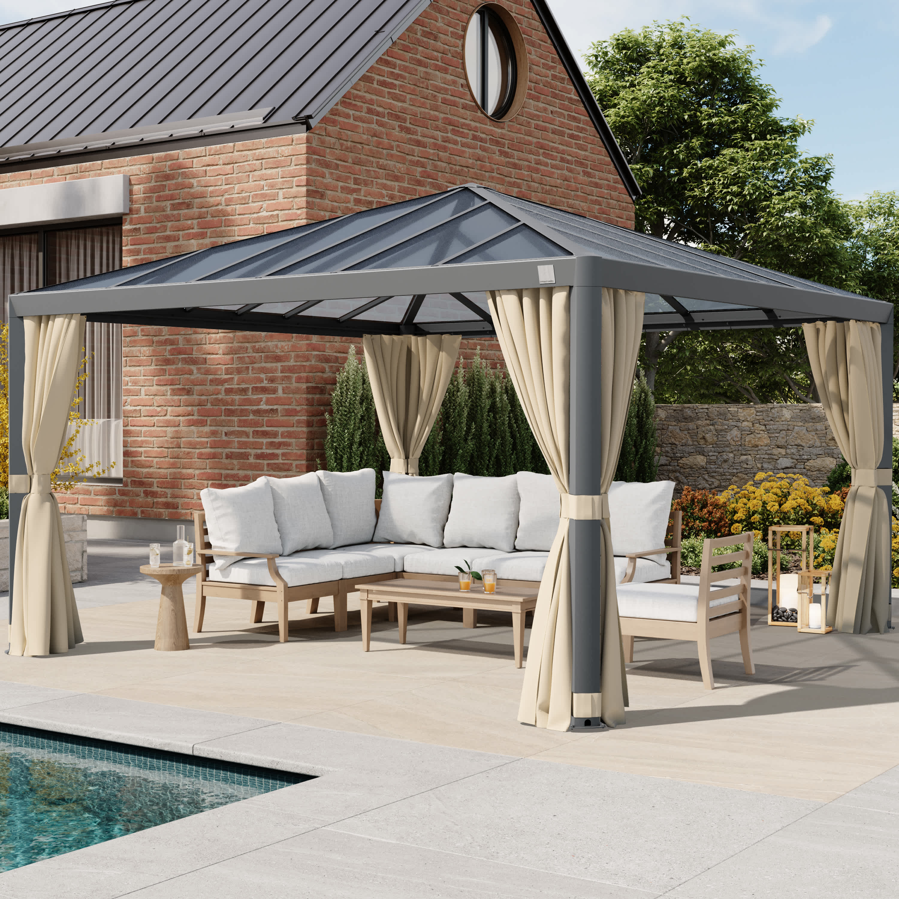 4x4m Hardtop Gartenpavillon, inkl. 4 Seitenteile, champagnerfarben - (300667) Image