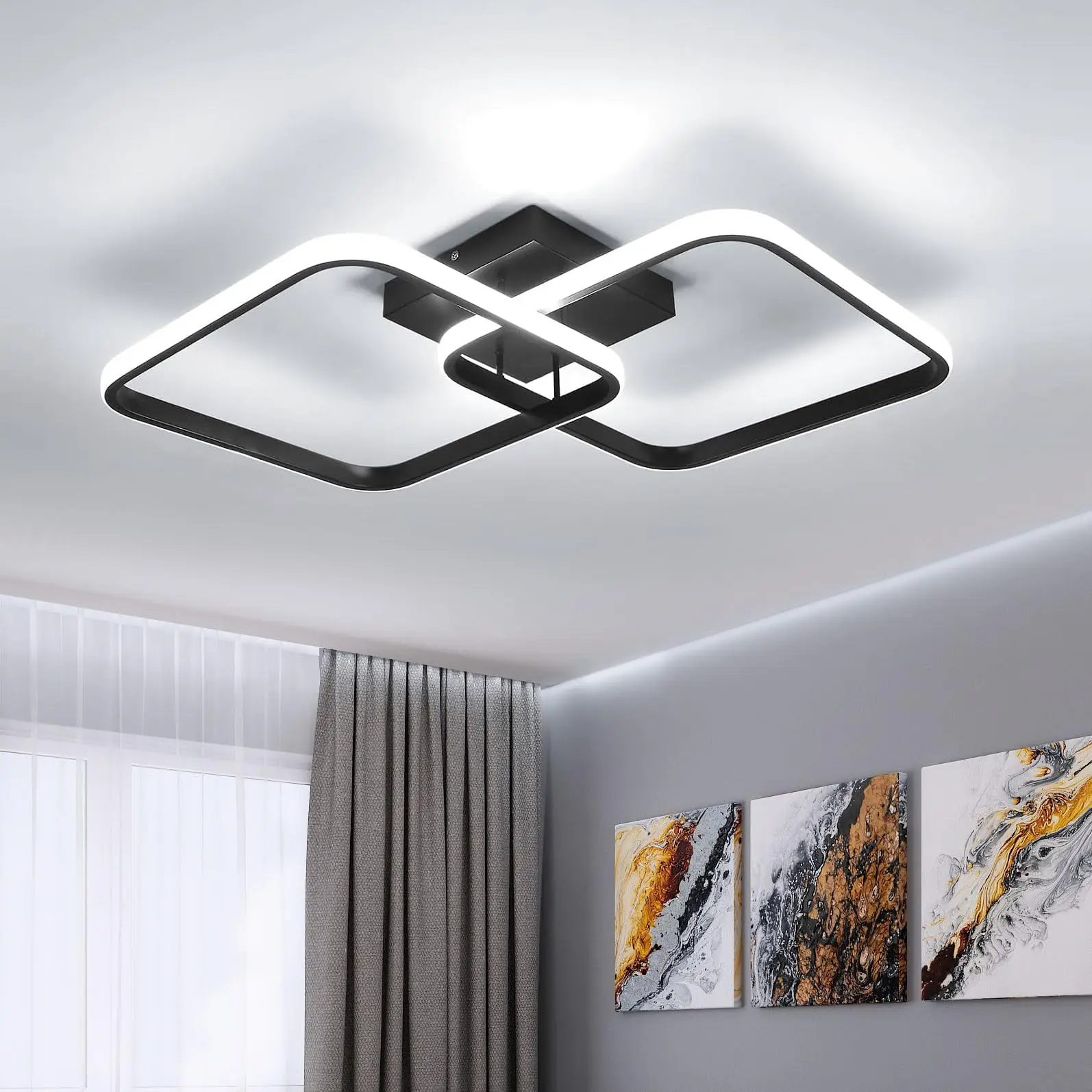 LED-Deckenleuchte im Wohnzimmer-Design, 42 W, 4700 lm, quadratische Acryl-Deckenleuchte, schwarze moderne Aluminium-Deckenleuchte