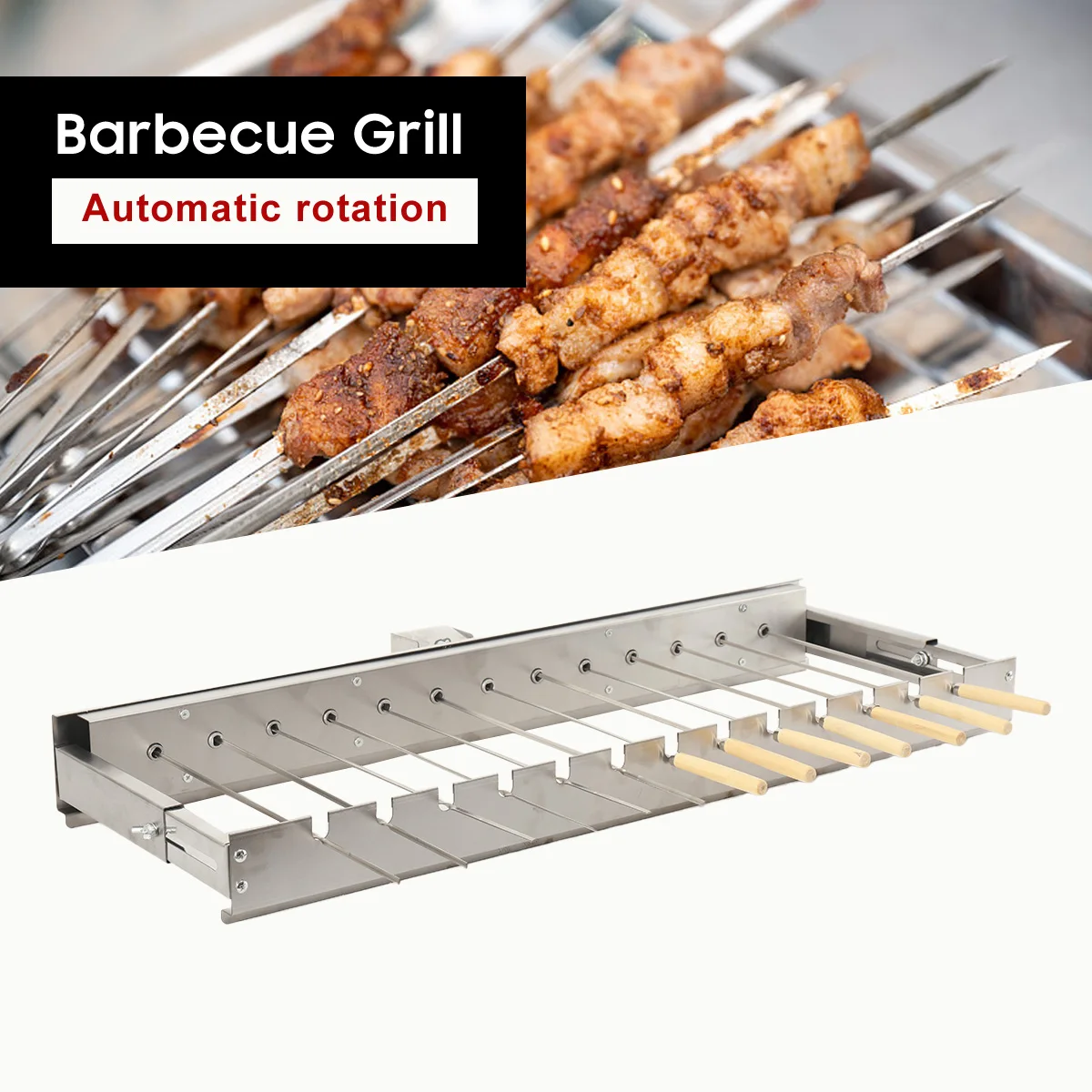 Automatischer Flipping-Grill aus Edelstahl für den Außenbereich mit 13-Spießen, verstellbare Breite, Grillspieße, Rollwerkzeuge Image