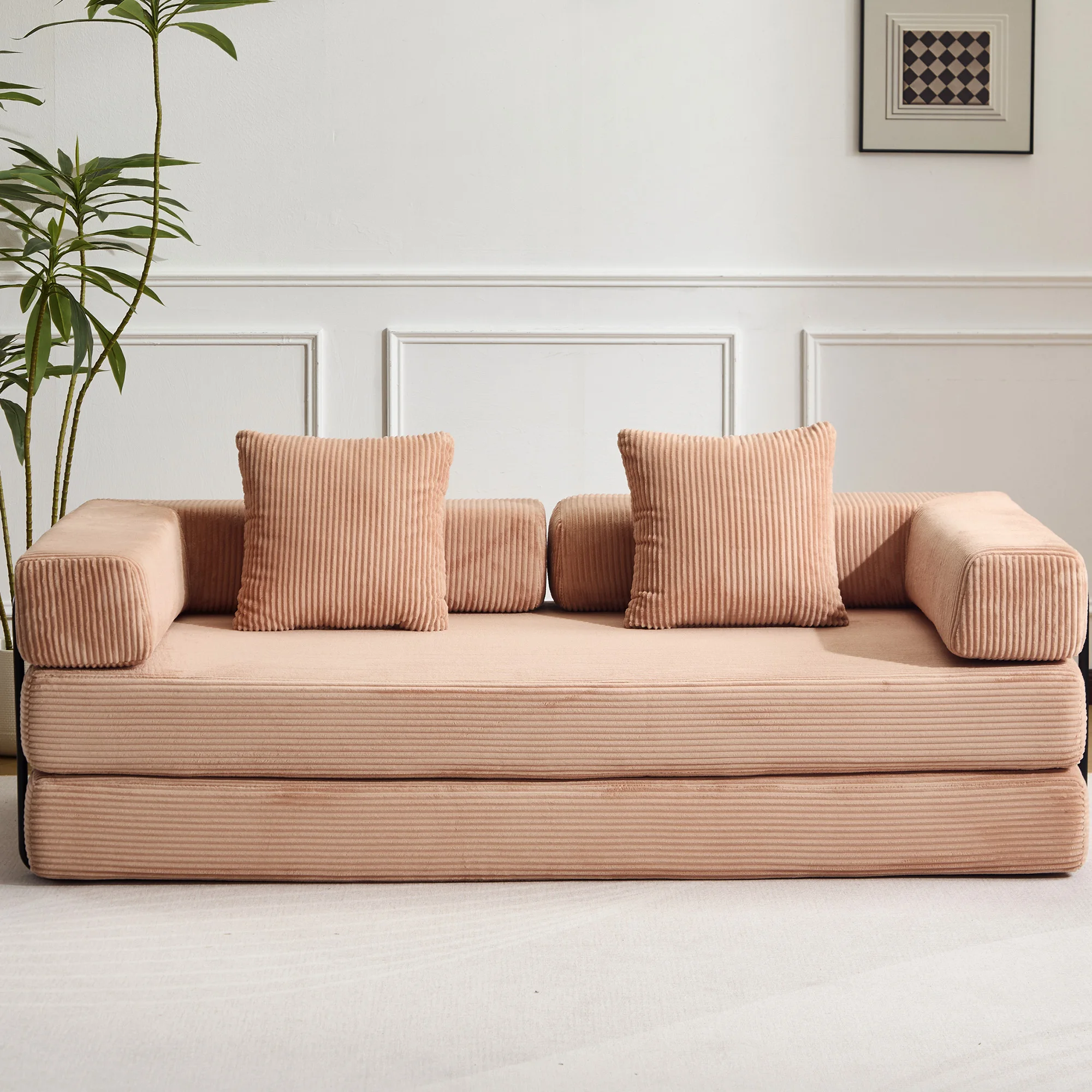 Aprikosenfarbenes Cord-Kompressionssofa, 3-in-1 Faltbares Bodensofa ohne Montagebedarf, Weiches Zweisitzer-Sofa für Wohnzimmer