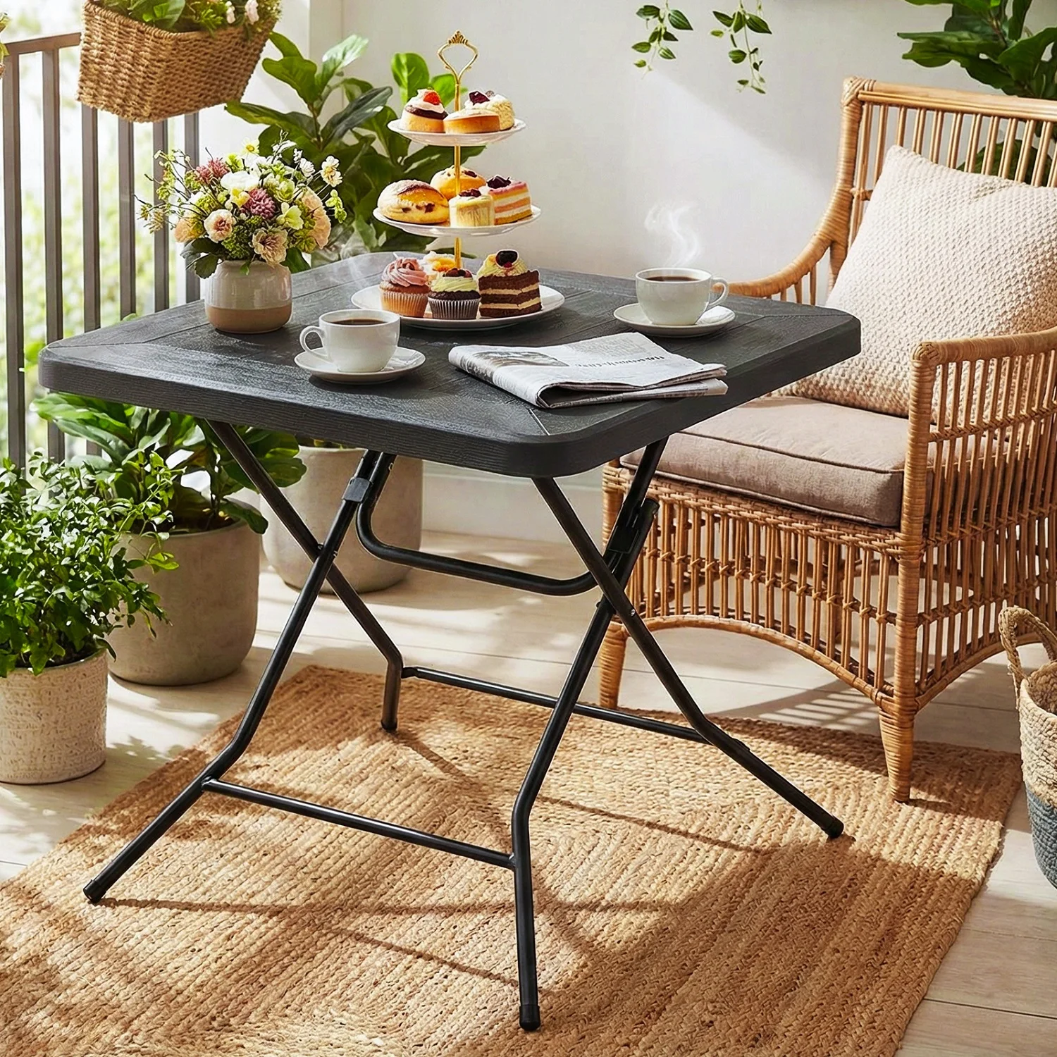 Klapptisch mit Stahlrahmenbeinen, Holzmaserung, faltbarer Tisch für Hochzeit, Party, Küche, Wohnzimmer, Balkon, Outdoor, Camping