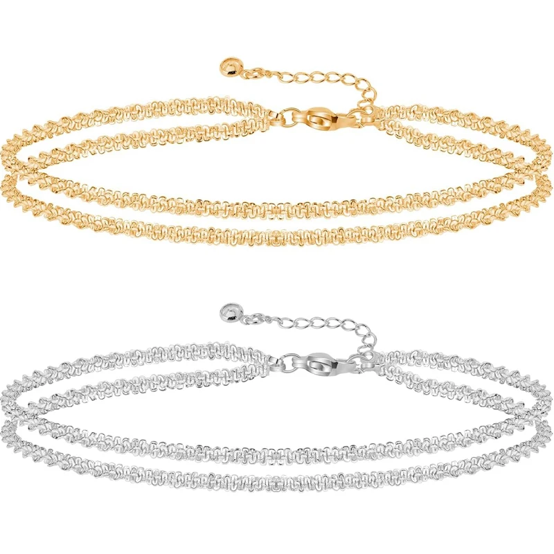 2 Stück Gold/Silber Fußkettchen für Damen, wasserdicht, 14 Karat Gold/versilbert, Edelstahl, funkelnder Bling Bling, Sommerschmuck, Geschenk Image