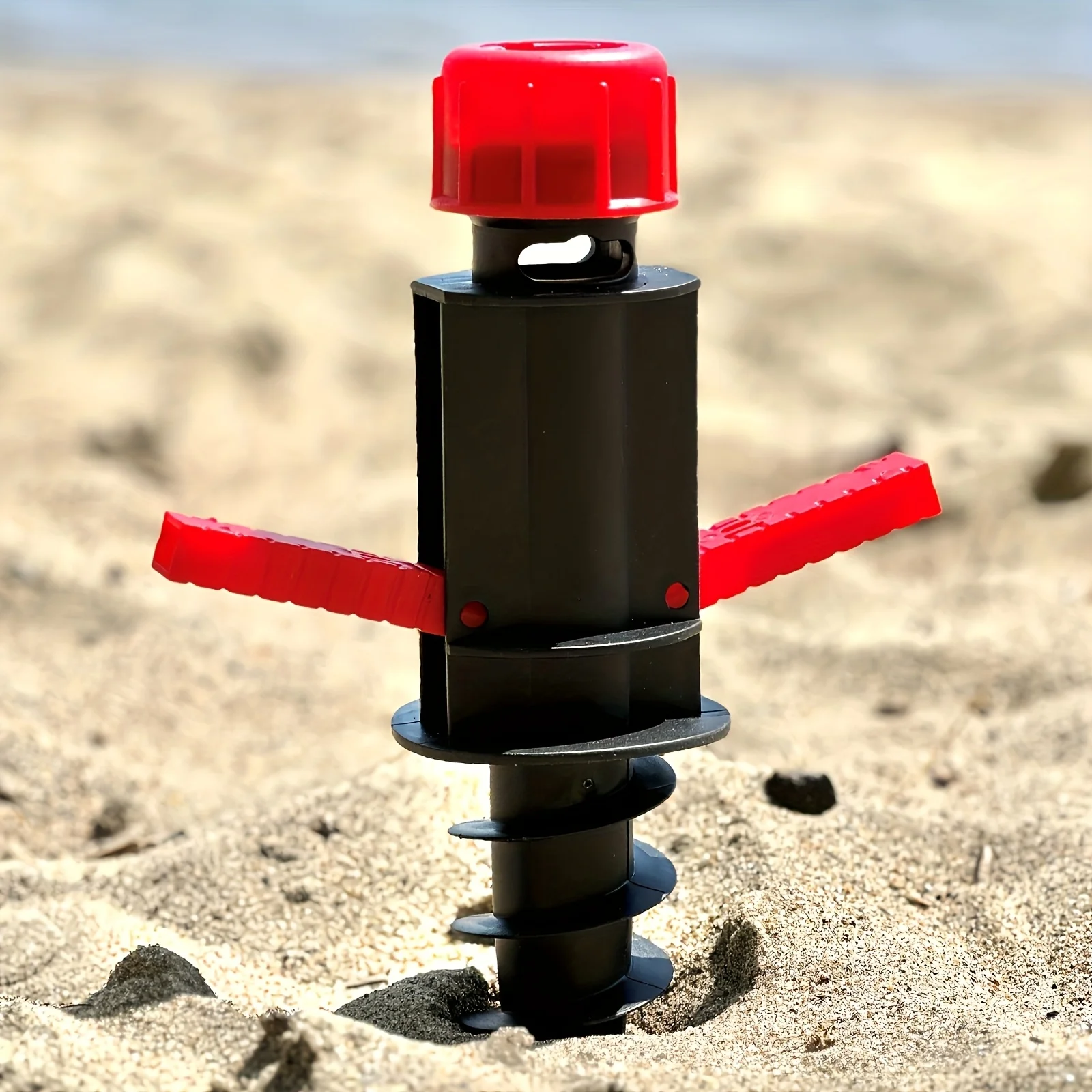 Strandschirm, windfester Kunststoffschirm, Sonnenschirm, spezieller Standplatz, Strandfahne, Boden usw. Image