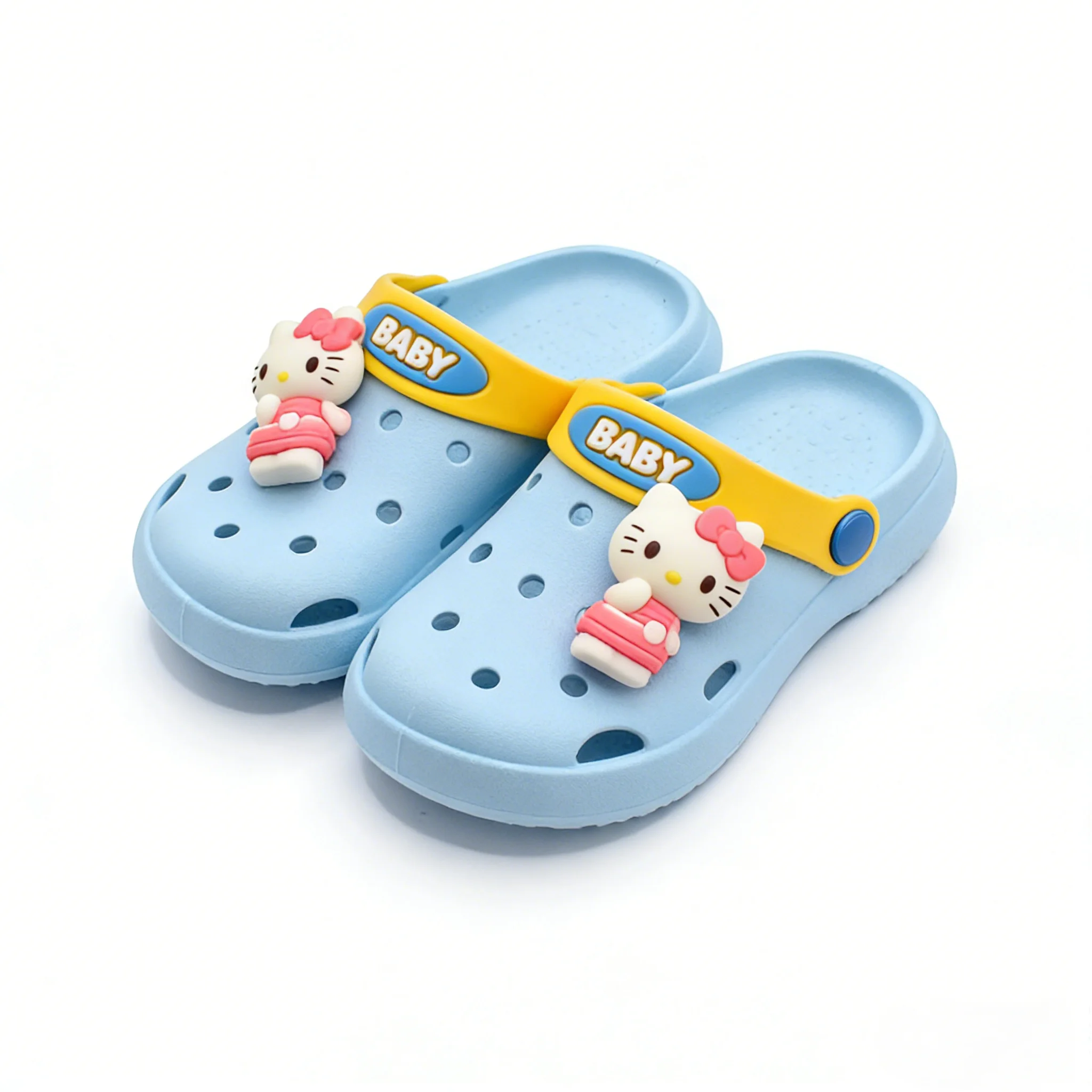 Sanrio Kinderhausschuhe Hello Kitty PVC Sommermode-Schuhe für Kinder, rutschfest, dicker Boden, Designer, Blau, Rosa, Größe 20–33, 3699