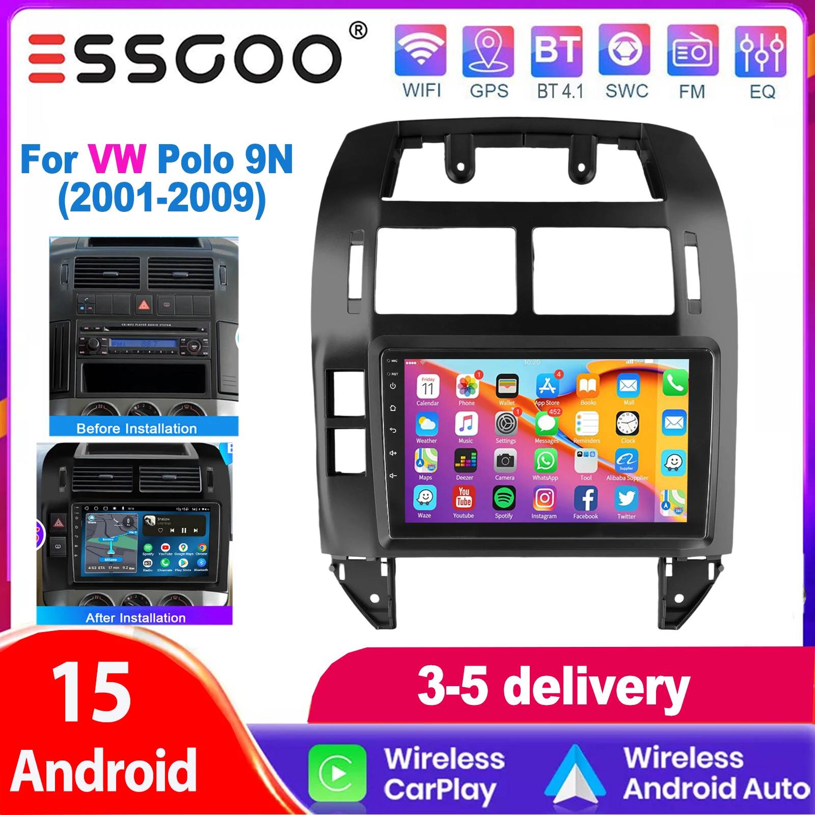 ESSGOO 9 Zoll IPS Touchscreen Für VW Polo 9N 2001-2009 Autoradio Apple Carplay Android Auto GPS Navigation WIFI FM Lenkradsteuerung RDS Android 15 Mirror Link Bluetooth ASP Sound Split Screen 32G/64G Image