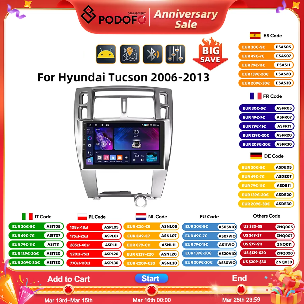 Podofo 8+128G 2Din Car Stereo For Hyundai Tucson 2006-2013 Multimedia Player Carplay Android Auto GPS 8Core DSP FM RDS Car Audio Image