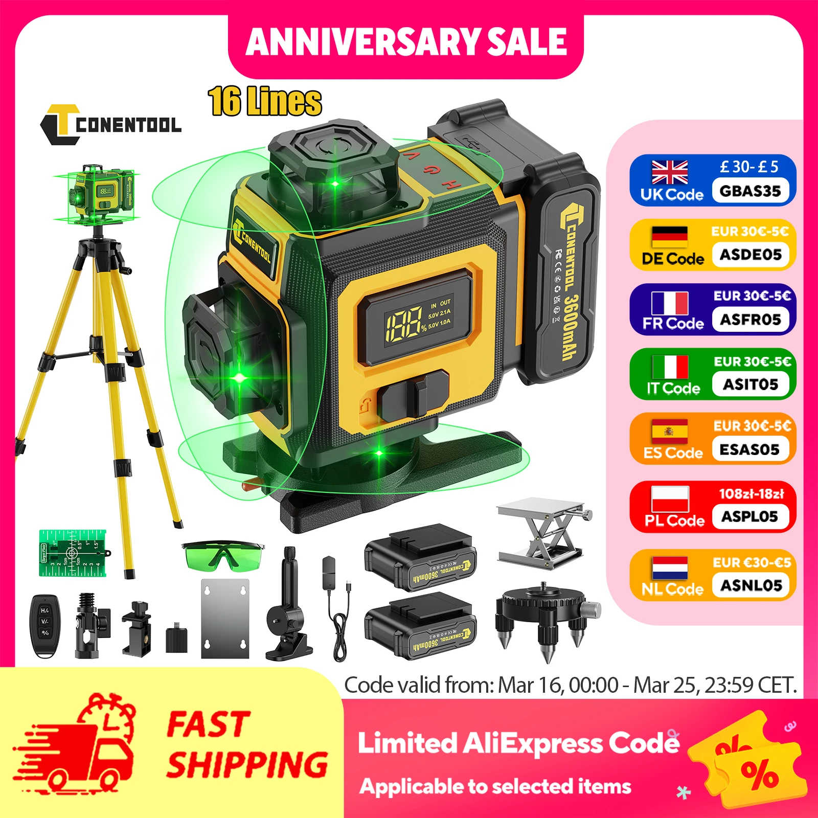 CONENTOOL 16 Linien Laser Level Stativ 4D 360 ° Selbstnivellierender horizontaler vertikaler professioneller Laser-Nivelliergeräte-Akku mit 2 x 3600 mAh Image