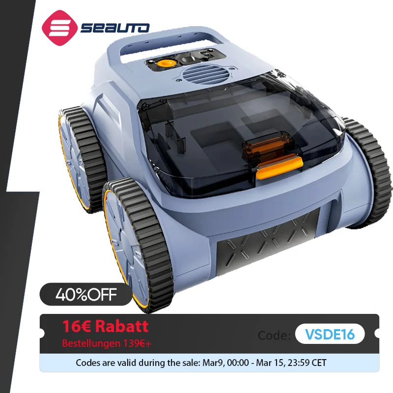 Seauto Pool-Staubsauger, 3 Modi für Boden- und Bodenpool bis zu 2150 Quadratmeter. Ft., hält bis zu 150 Minuten lang, bürstenloser 180-W-Motor Image