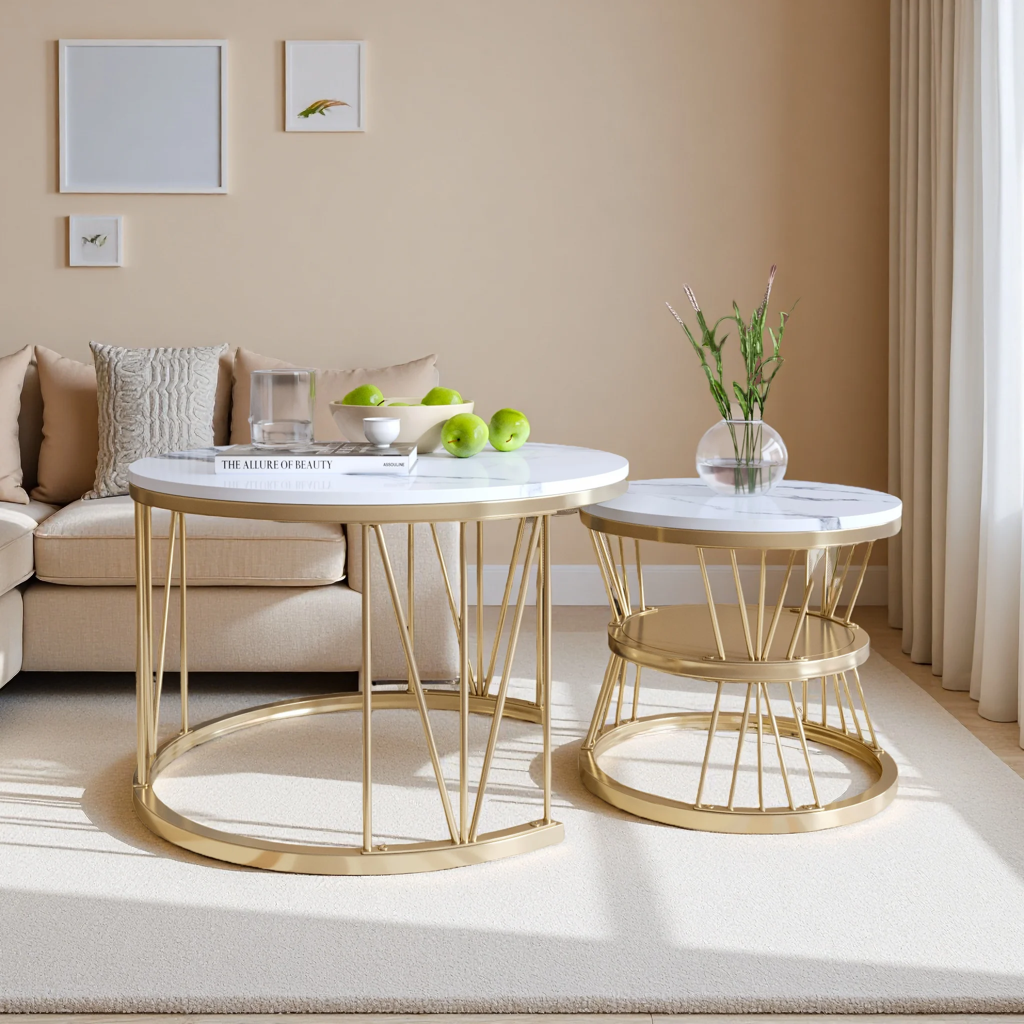 Rosahqnda Couchtisch 2er-Set, runder Marmor-Sofatisch, Tischset, Metallrahmen, Wohnzimmer, Balkon, Büro, Beistelltisch, Gold/Schwarz Image