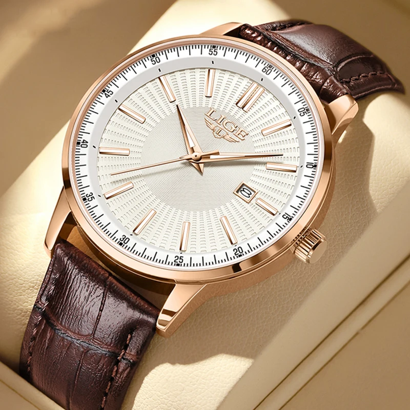 LIGE Mode Militär Sport Herren Quarz Armbanduhren Casual Braun Leder Uhr Männer Wasserdicht Chronograph Relogios Masculino