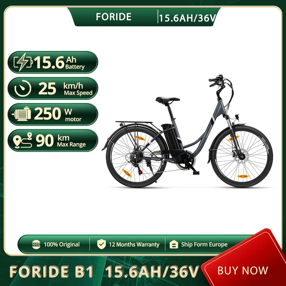 Foride B1 Citybike 25km/h, 15,6Ah Abnehmbarer Akku, 90km Reichweite, 45N.M Drehmoment, 26-Zoll-Reifen Mechanische Scheibenbremse & E-Bremse Image
