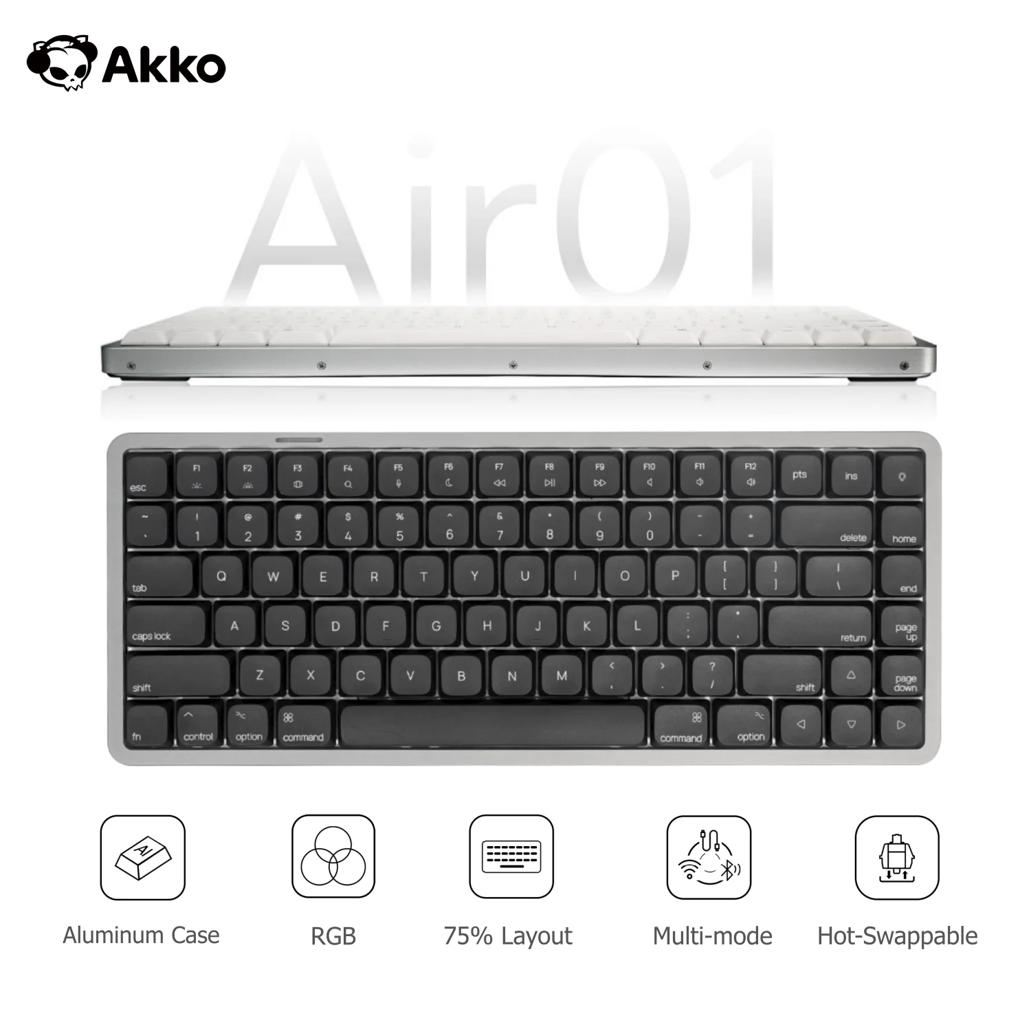 Clavier mécanique Akko Air 01 75% 84 touches, disposition Mac, personnalisable, profil bas, échangeable à chaud, RGB, tri-mode, Gasket, aluminium