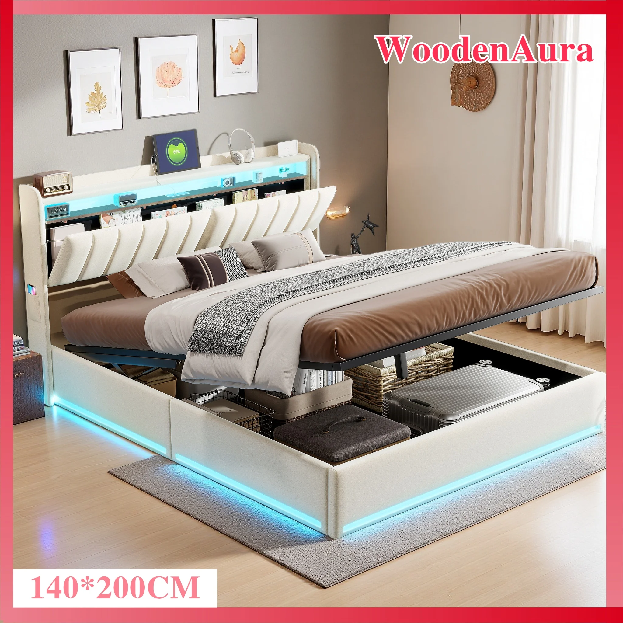 WoodenAura Bett 140x200cm, mit LED-Beleuchtung und USB-Anschlüssen, hydraulisches Stauraumbett, mit Stauraum am Kopfteil, Jugendbett, grauer Samt Image
