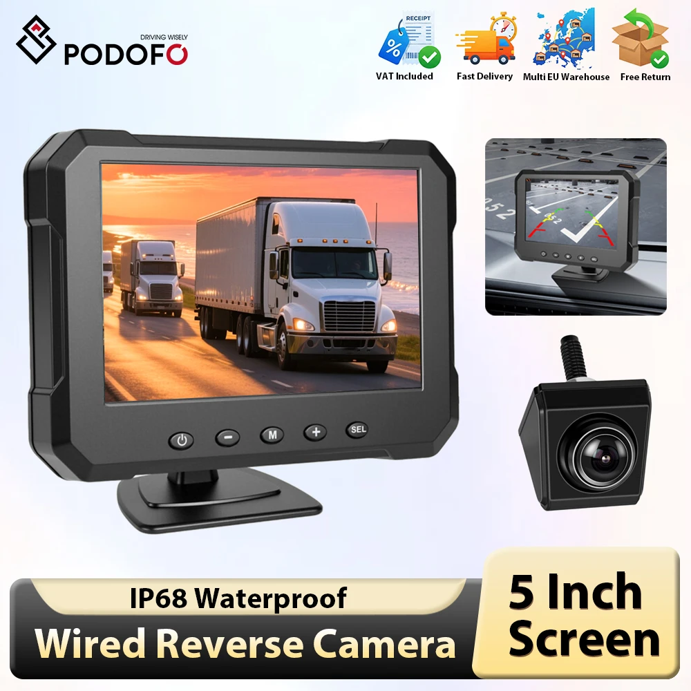 Podofo 5-Zoll Kabelgebundene Rückfahrkamera mit Monitor, Störungsfrei, Große Reichweite, IP68 Wasserdicht für LKW, Bus, Wohnmobil, Anhänger Image