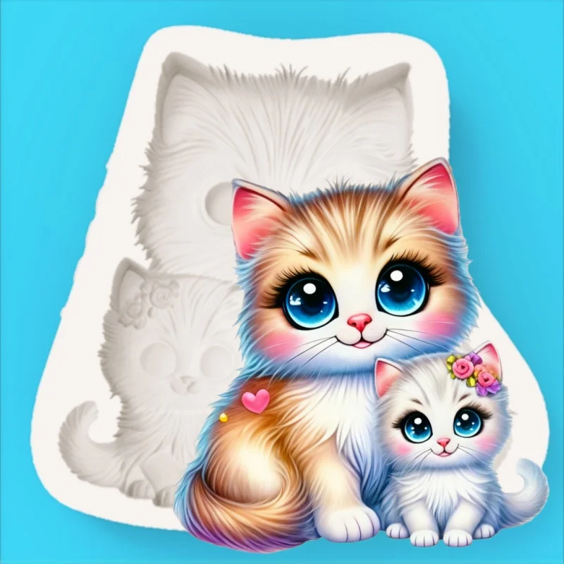 Doppelte Katzen-Kuschel-Design Herzförmige Musterform Silikonform für Fondant- und Schokoladenherstellung Image