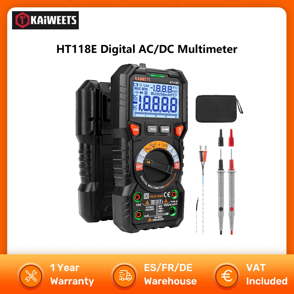 KAIWEETS HT118E Digitales AC/DC-Multimeter TRMS 20.000 Zählungen 2,7-Zoll-Display LED-Blitzbuchsen Amperemeter-Multitester mit automatischer Bereichswahl Image