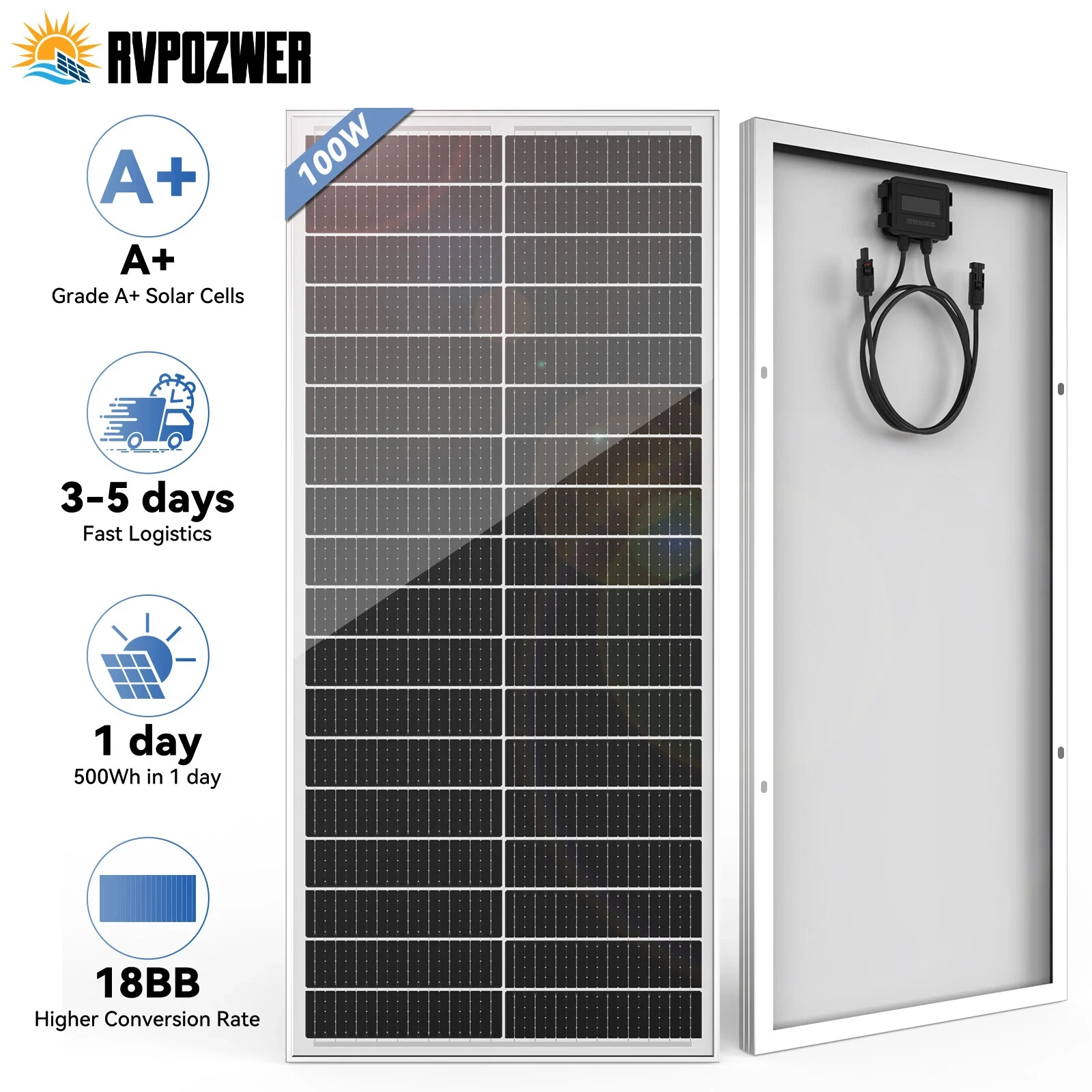 RVPOZWER 12,8 V 100 W starres Solarpanel 18BB N-Typ-Solarzellen, monokristallines Silizium, wasserdichtes Solarpanel für Camping/Zuhause/Wohnmobil Image
