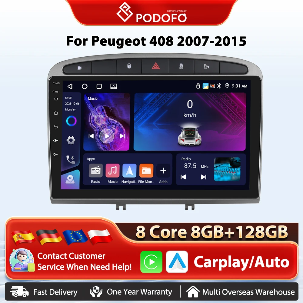 Podofo 9 zoll Auto Radio Für Peugeot 308 408 2007-2015 Auto spielen Android auto Multimedia Player GPS 2din Autoradio BT RDS Image