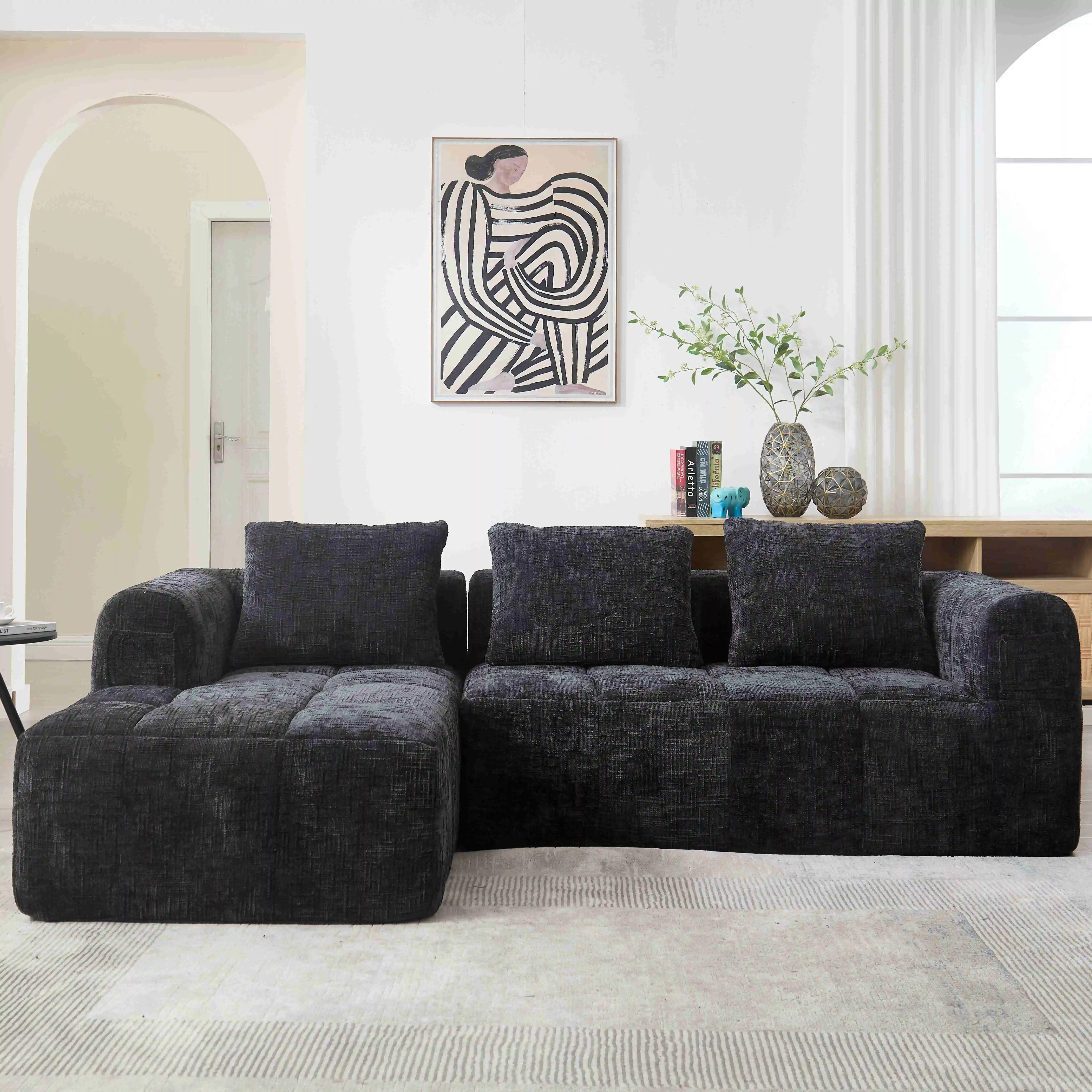 KOMHTOM Modernes Sektions-L-Sofa 3-Sitzer, Chenille mit Chaiselongue, Armlehnen, 3 Kissen, Seitentasche Image