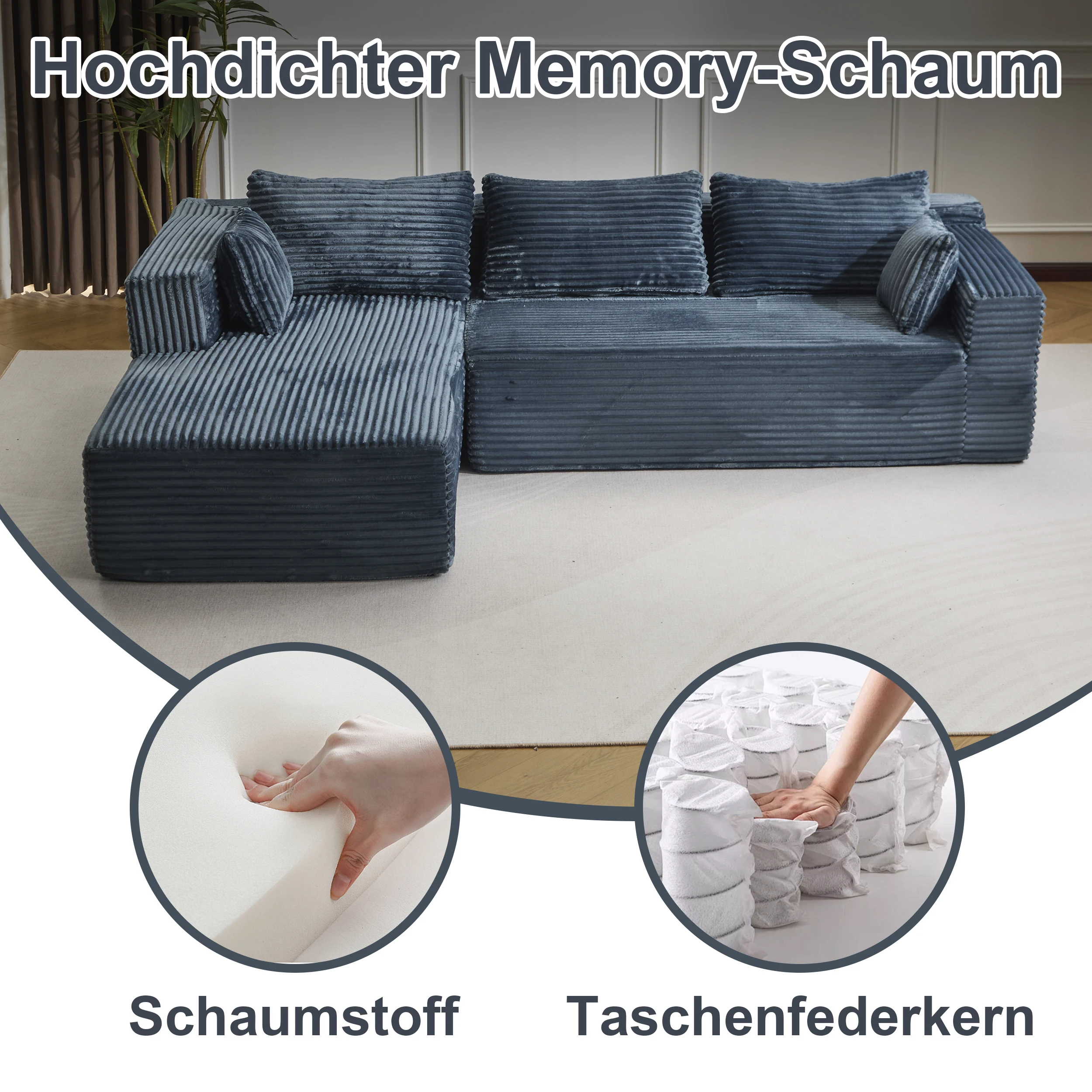 Blaues modernes Kompressesofa, 3-Sitzer-L-förmiges Sofa mit Kissen, keine Montage erforderlich, tiefes Cordsofa für Wohnzimmer, Schlafzimmer Image