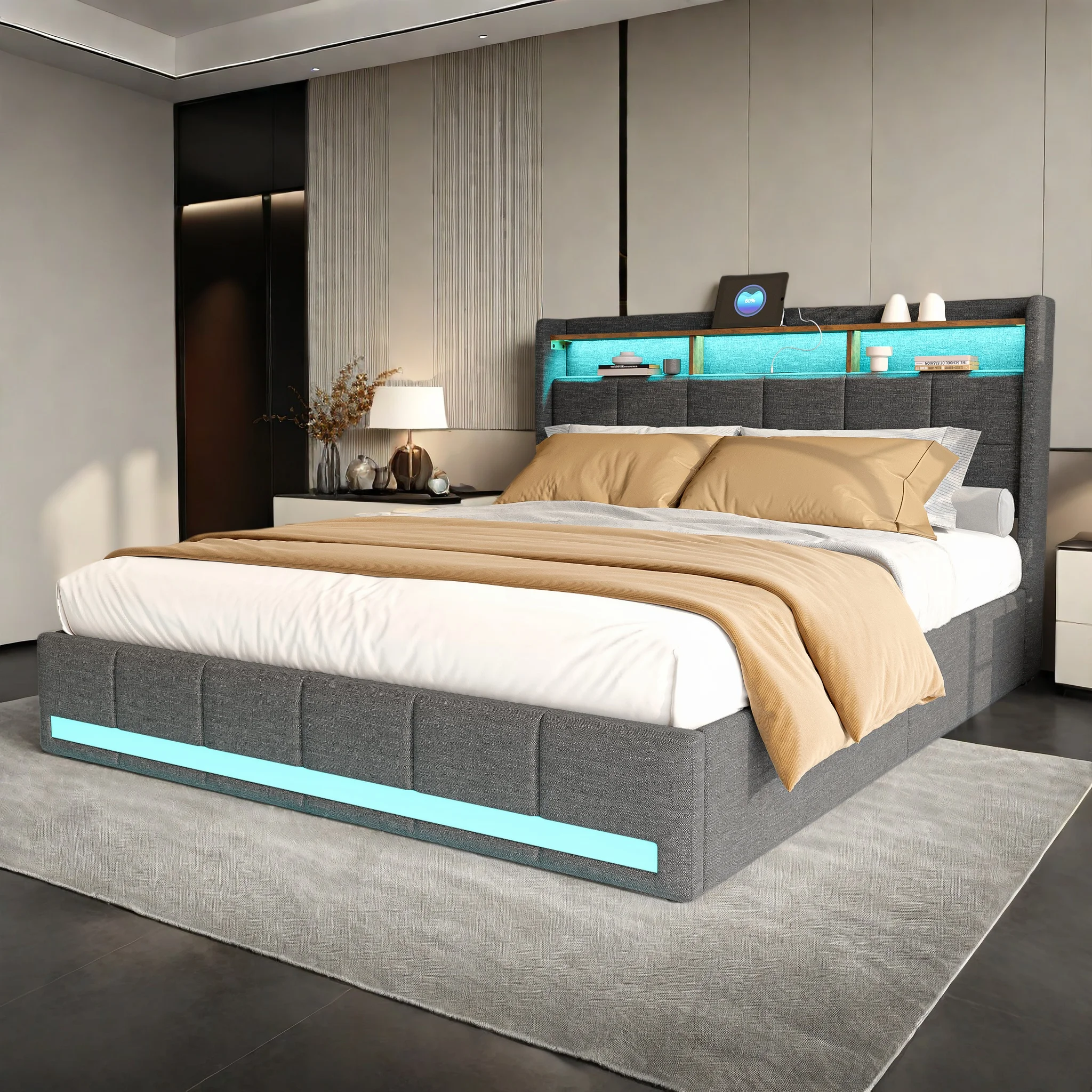 Rosahqnda Polster-Doppelbett 160 x 200 cm, Bett 180 x 200 cm mit Stauraum, Stauraumbett mit 4 Schubladen und LED-Beleuchtung Image