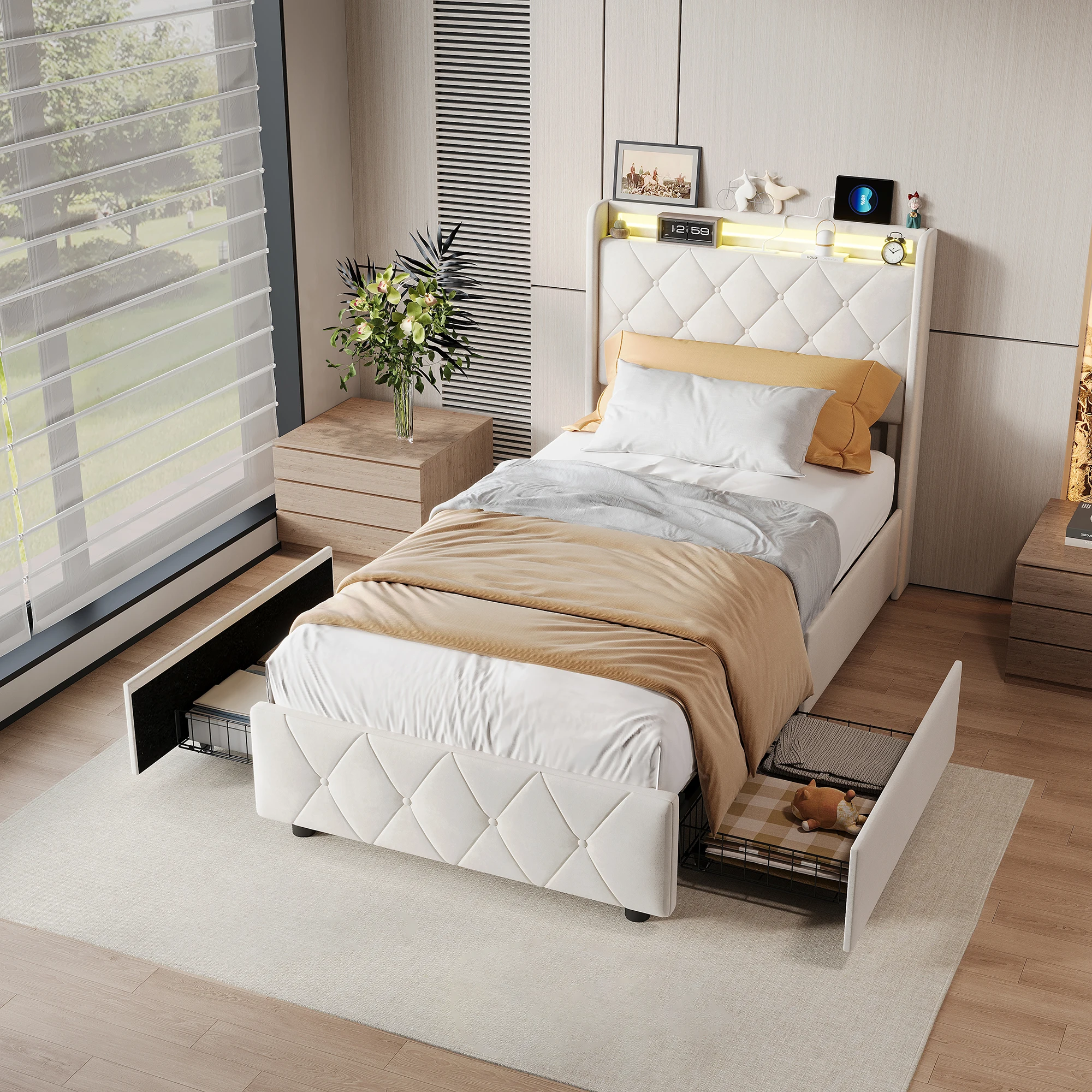 Rosahqnda Polster-Einzelbett 90 x 200 cm, Jugendbett mit 2 Schubladen, Holzlattenrost, Kinderbett, Stauraumbett, Flanellstoff Image