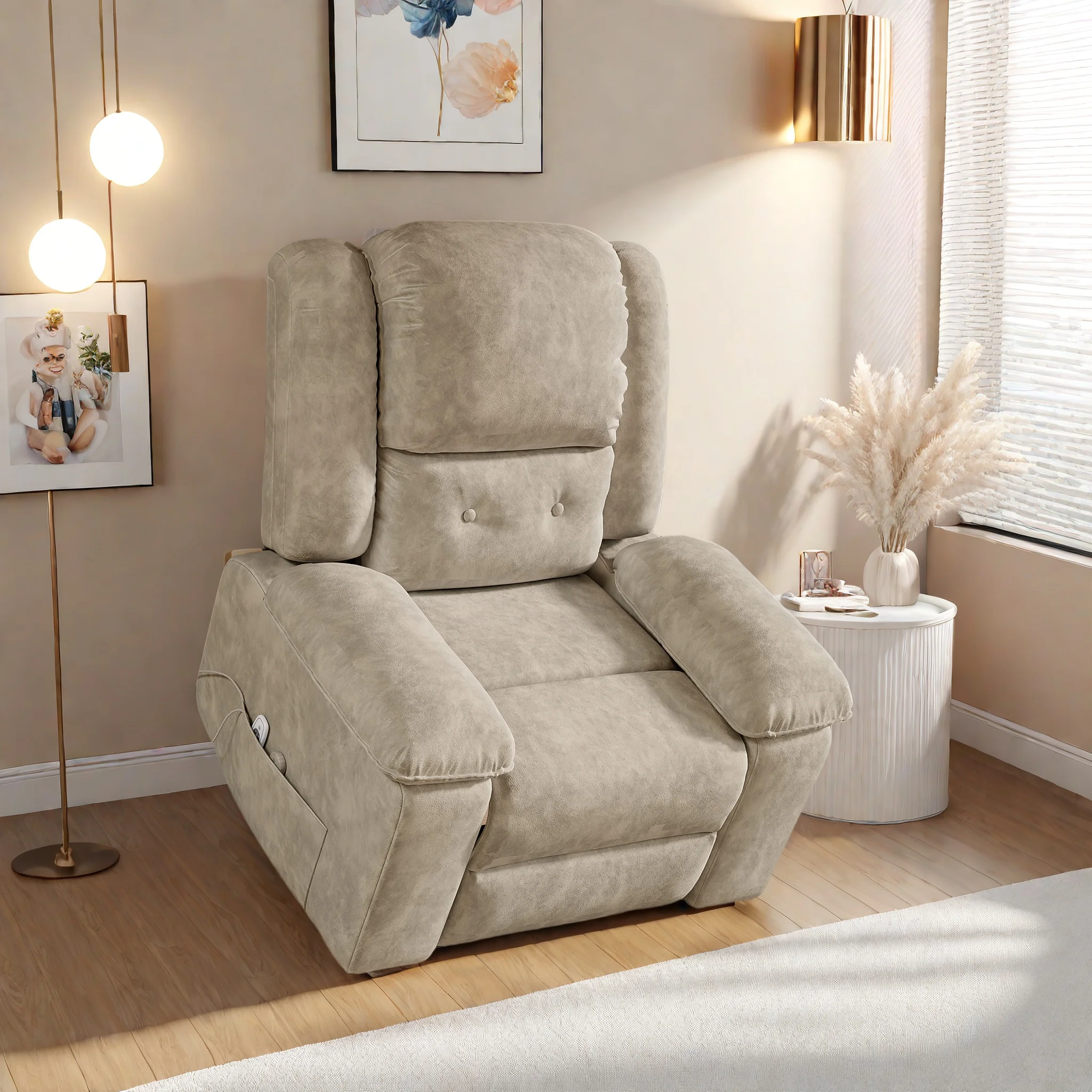 Elektrischer Relaxsessel, Fernsehsessel, Massagesessel mit Aufzug Vibration Heizung Liegefunktion, Kann Stehen, 8 Uhr Massage, Taille 2 Punkte Heizung, Vergoldungstuch, Braun Image