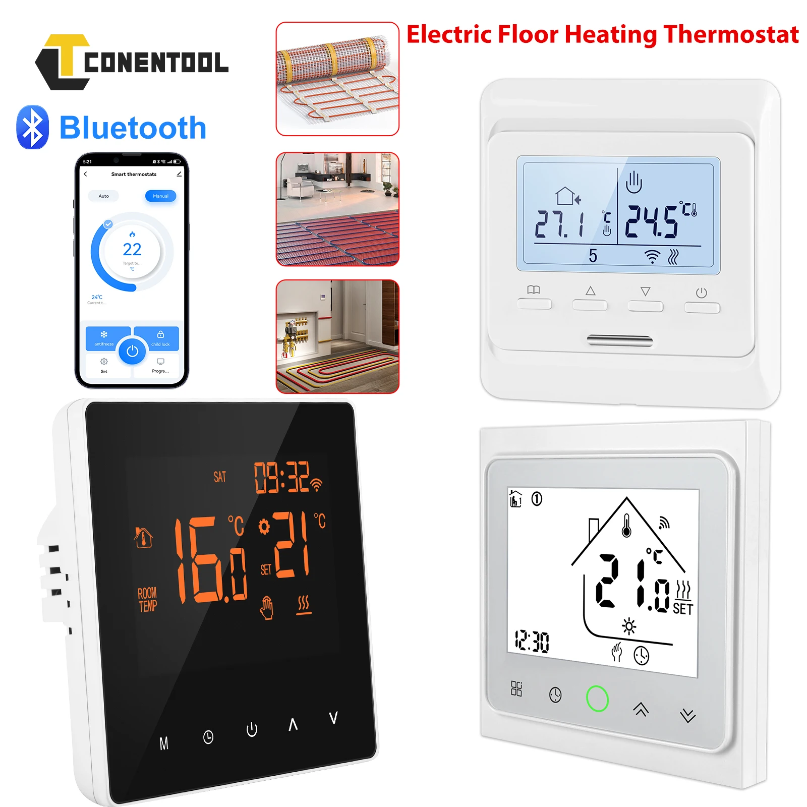 CONENTOOL Smart WiFi Thermostat Temperaturregler 16A Elektrischer warmer elektrischer Fußbodenheizungsthermostat mit Google Home Tuya Image