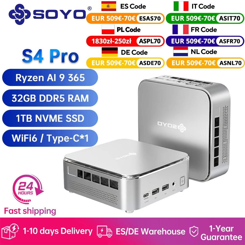 SOYO S4 Pro Mini-PC AMD Ryzen Ai 9 365 10 Core CPU 32 GB DDR5 1 TB PCIE3.0 SSD 4K@120 Hz WiFi6 BT5.2 Win11Pro Mini-Gaming-Computer