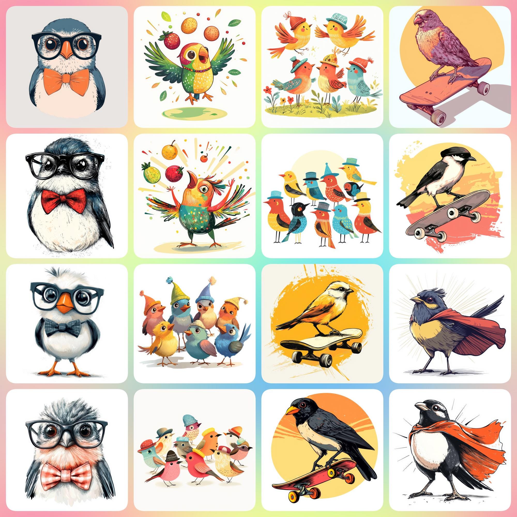 36 JPG Clipart di uccelli stravaganti, uccelli divertenti, clipart digitale, clipart acquerello, JPG di alta qualità, clipart stampabile, download dig