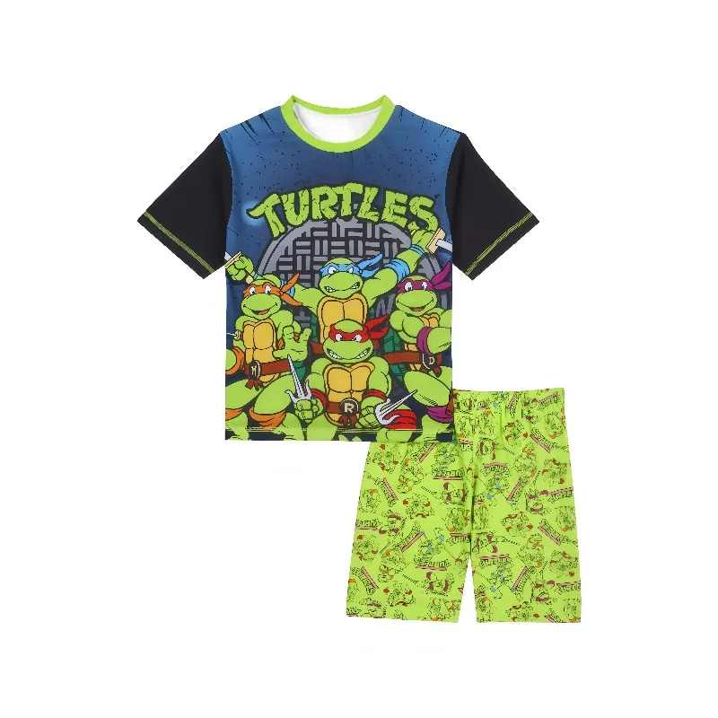 Sommer-Neuheit: Ninja Turtles 3D-gedrucktes Kinder-T-Shirt mit Rundhalsausschnitt und kurzer Schlafhose – Modisches, atmungsaktives Sportset Image