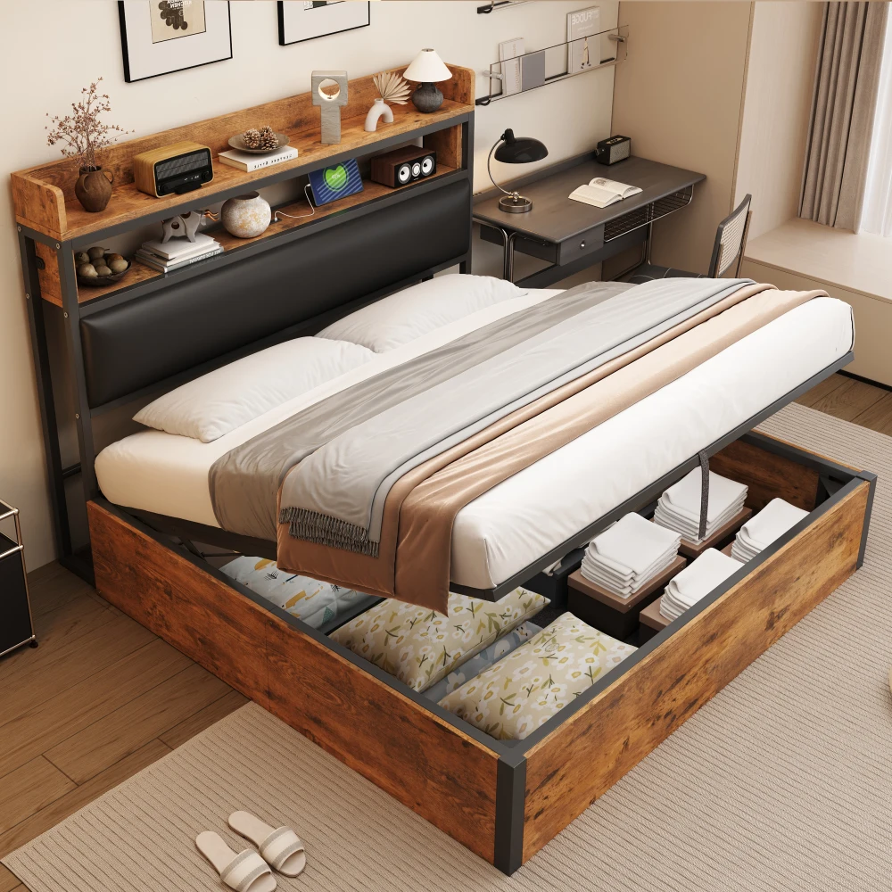Bettgestell 180x200 mit Hydrauliklift, USB, Vintage-Design aus Holz und Metall, Versteckter Stauraum Moderne Schlafzimmermöbel