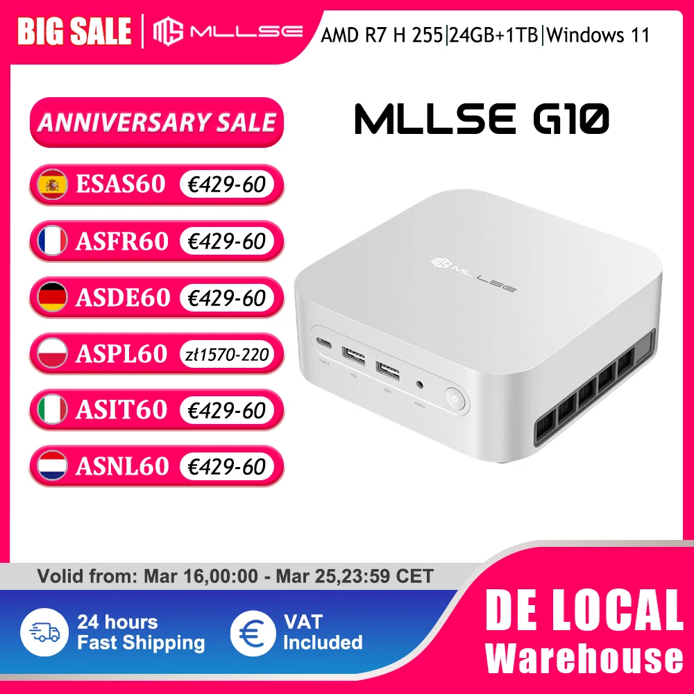 Mini PC de jeu Mllse G10, AMD Ryzen 7 H 255, 24 Go de RAM DDR5, SSD 1 To, Windows 11 Pro, Wi-Fi 6, BT5.2, USB4.0, ordinateur de bureau mini