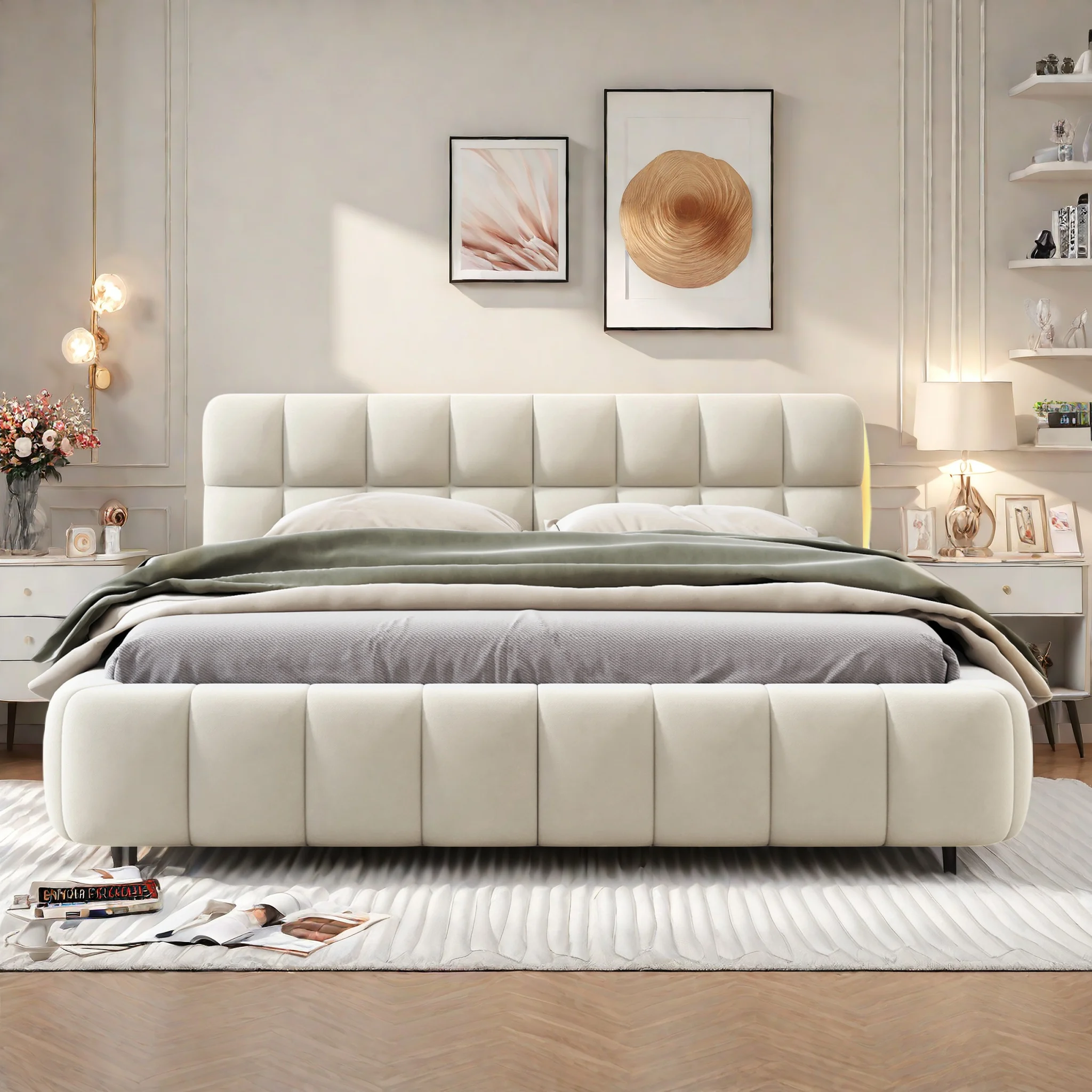 Rosahqnda Polsterbett, Jugendbett, Doppelbett mit weicher Rückenlehne, Flachbett mit Polsterumrandung, Lattenrost Linen Beige