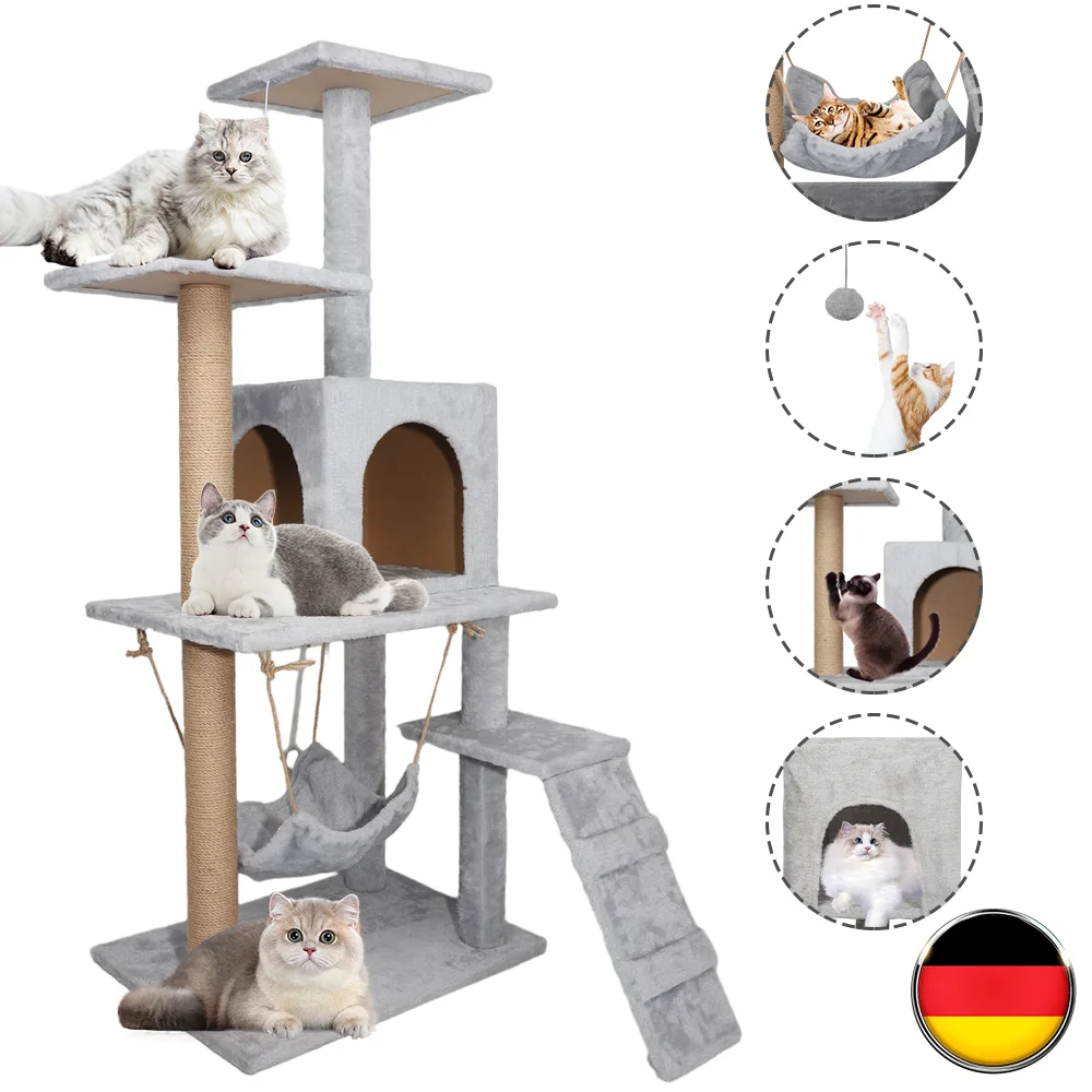 Katzen-Klettergerüst, Katzenturm, Katzenbaumhaus, Plüsch-Katzenschneider mit Kratzbaum, Sitzstangen, Höhlen, Hängematte, gepolsterte Sitzstangen, 53 x 38 x 125 cm Image