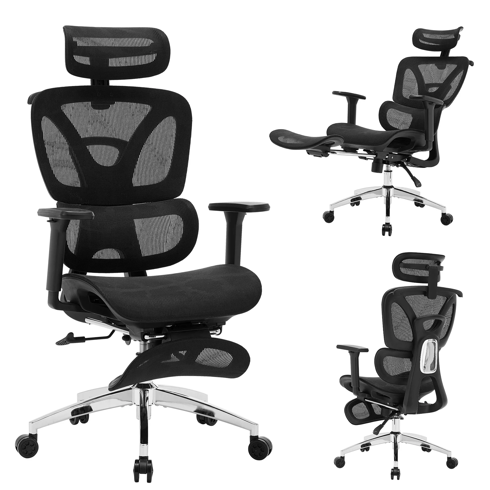 Ergonomischer Bürostuhl mit hoher Rückenlehne, Schreibtischstuhl mit Fußstütze, dynamischer Lendenwirbelstütze, drehbar, rollbar, für Home-Office und Gaming Image