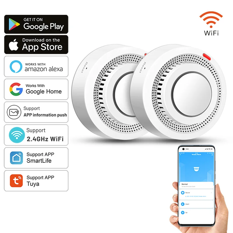 2er-Pack Tuya Smart WiFi Rauchmelder mit Echtzeit-App-Benachrichtigungen Kabelloser Feuermelder Alarm 85dB Lautstärke für Zuhause/Büro Image