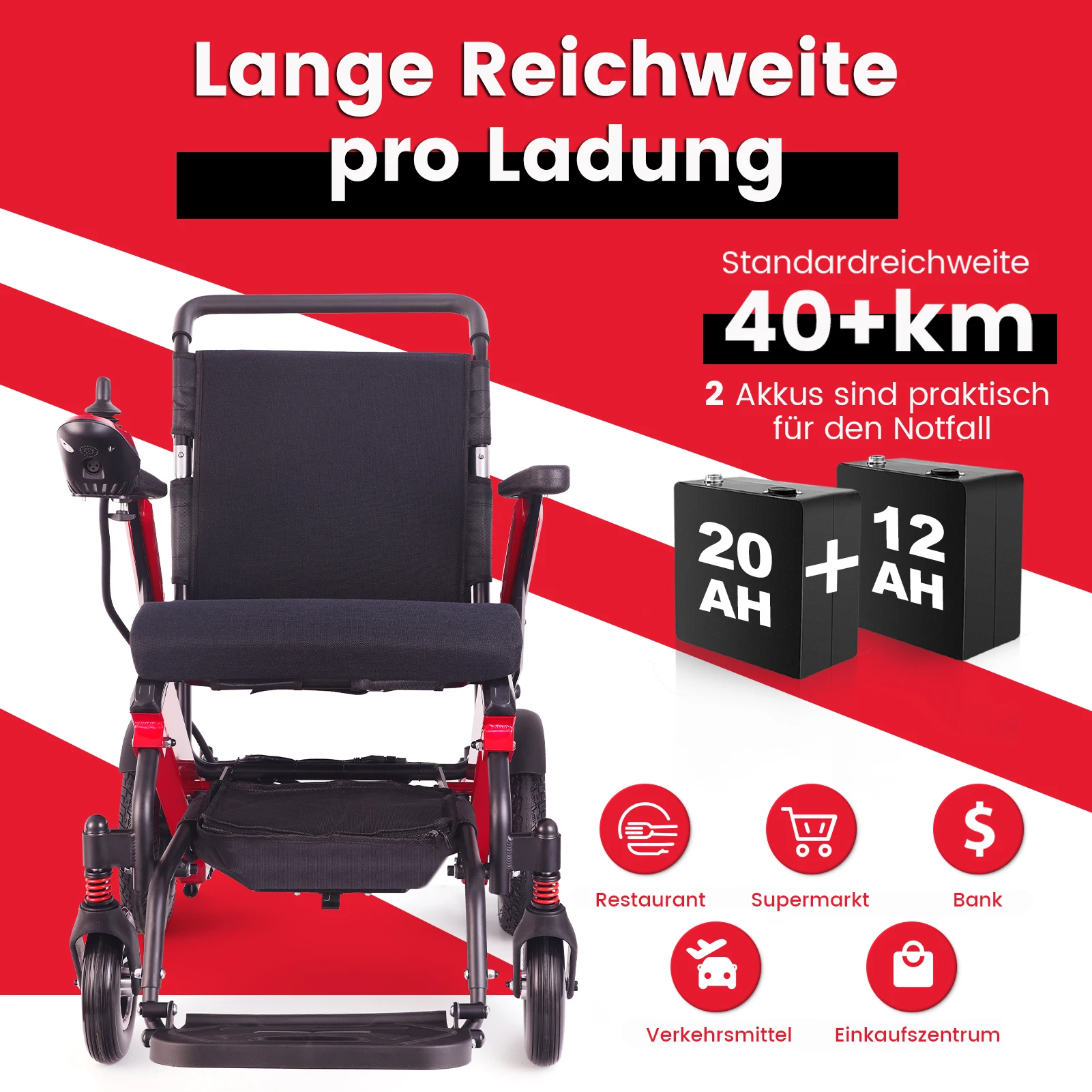 Wisging Roter Faltbarer Elektrischer Rollstuhl, 20Ah + 12Ah Herausnehmbare Lithium-Batterie,700W Motor 40 km-48 km Reichweite Image