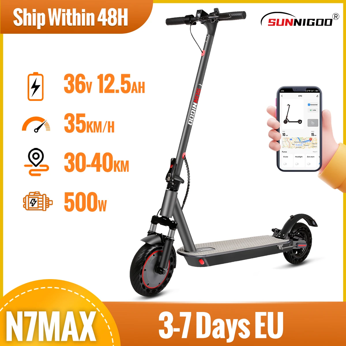 SUNNIGOO N7MAX Elektroroller 500 W Motor 36 V 12,5 Ah 35 km/h Höchstgeschwindigkeit 35 km große Reichweite 10 Zoll mit Stoßdämpfung APP Escooter