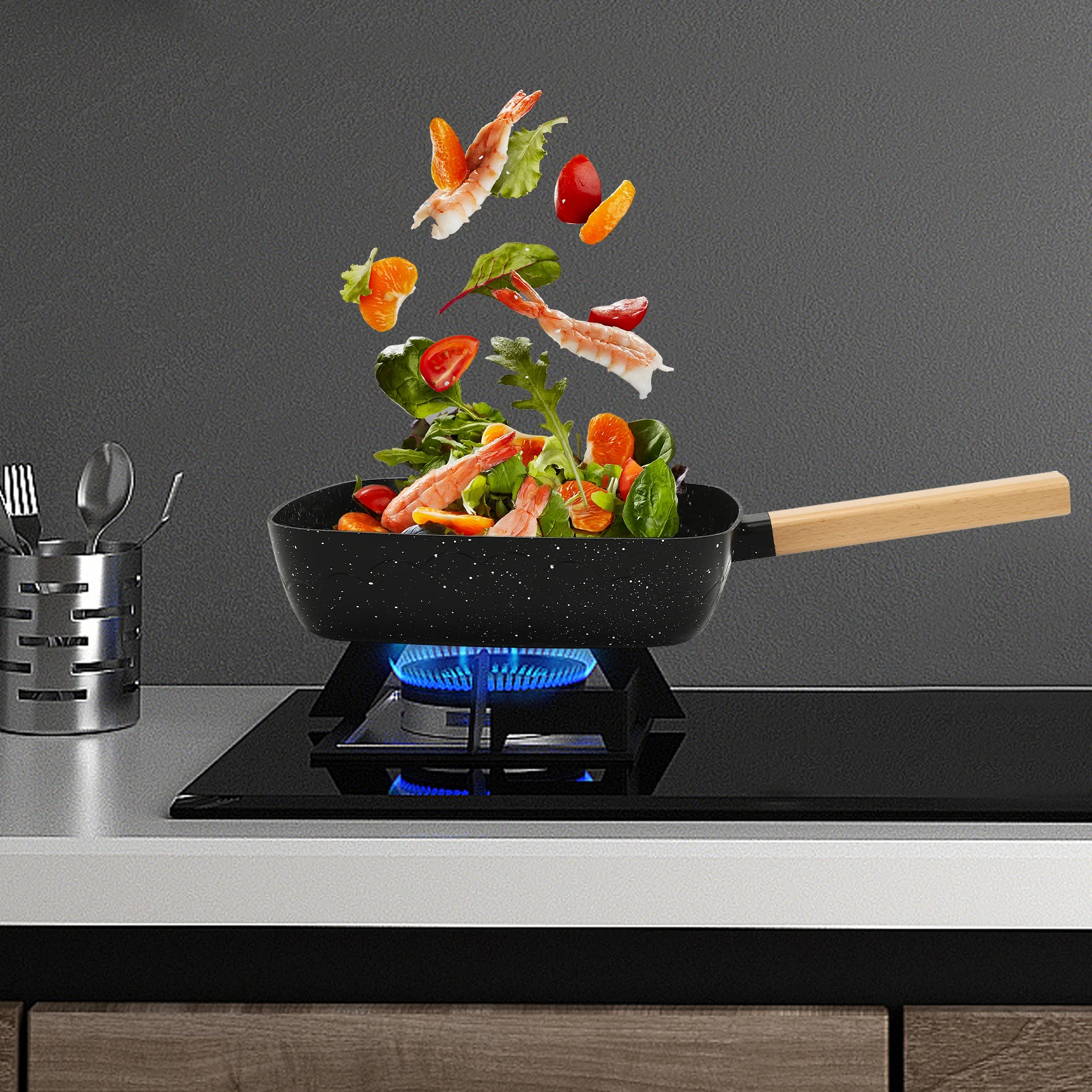 Quadratische Antihaft-Pfanne, Antihaft-Omelettpfanne aus Aluminiumlegierung mit Buchenholzgriff, Kochutensilien, 18 cm Bratpfanne für die Küche Image