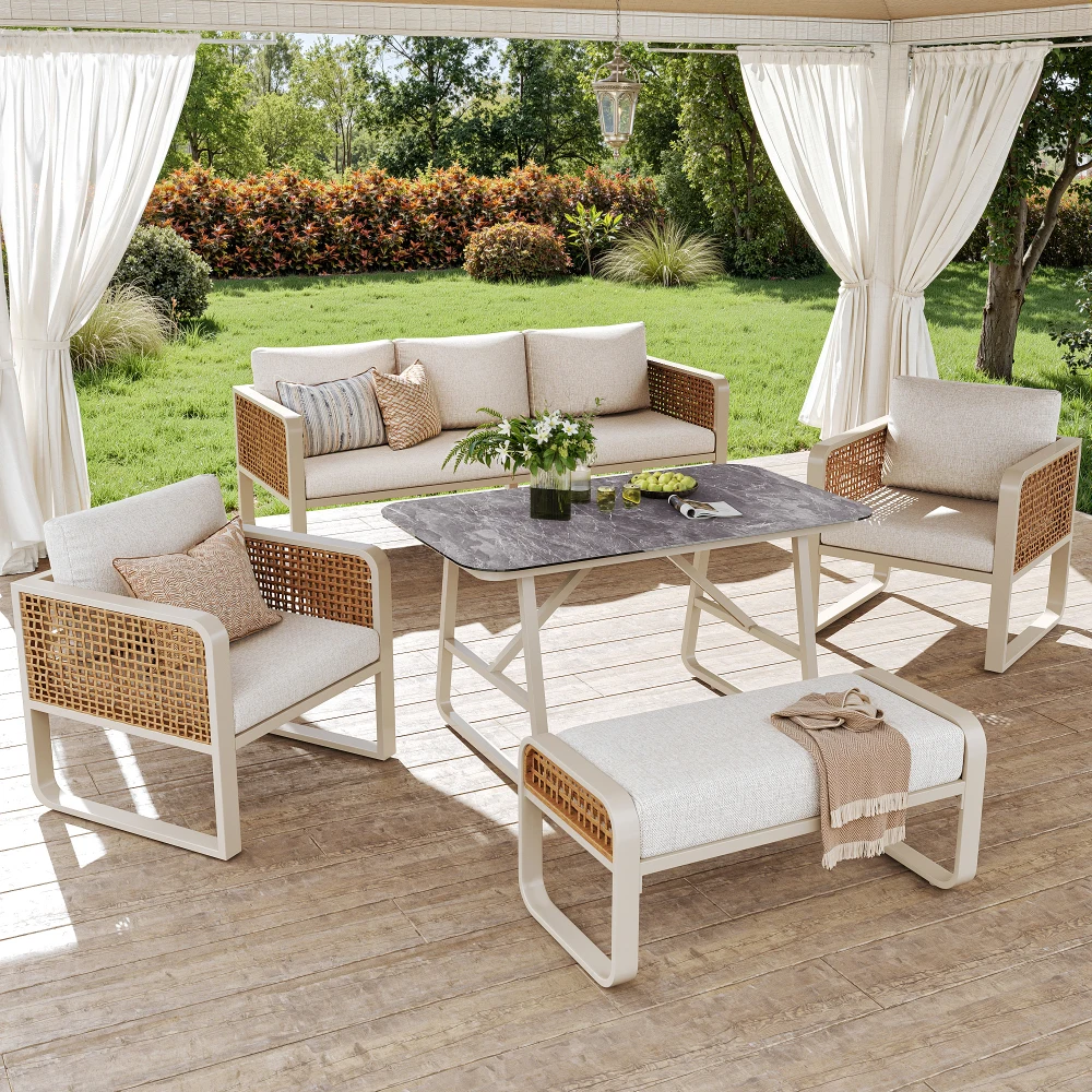 PE-Rattan Outdoor-Lounge-Set für 6-7 Personen, Wetterfeste Gartenmöbel mit Beistelltisch & Waschbaren Kissen Image