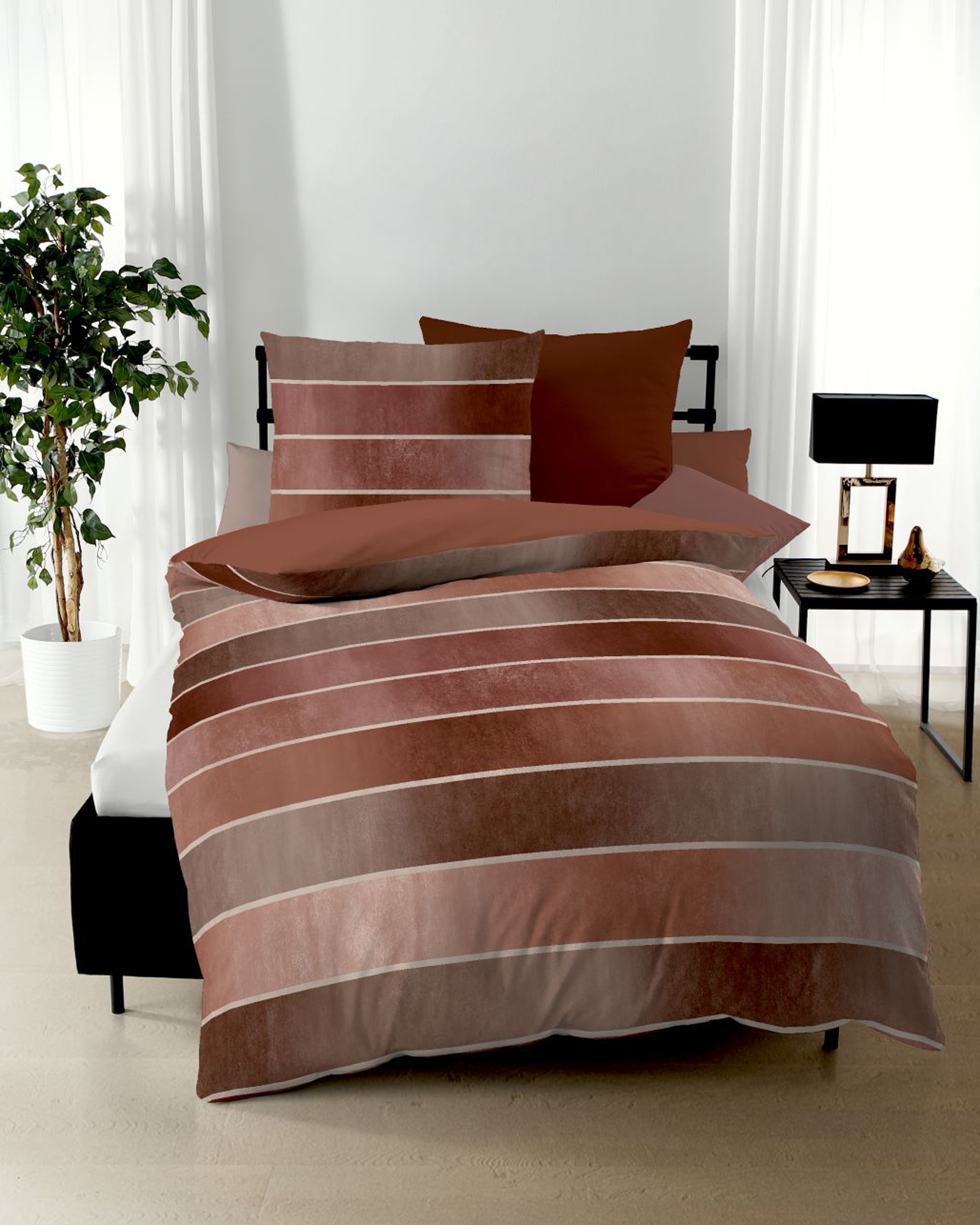 Wendebettwäsche KAEPPEL "TIMELESS 100% Baumwolle", orange (terra), B/L: 155cm x 220cm, 1 Stk., 1 Stk., Mako-Satin, B/L: 80cm x 80cm, 2 Stk., Mako-Satin, Obermaterial: 100% Baumwolle, Bettwäsche, Wendebettwäsche, mit breiten Streifen, Wendeoptik,... Image