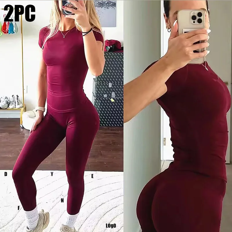 Ensemble de sport imact L0g0 2 pièces, haut de yoga sans couture à manches courtes, tenue de fitness pour femme, pantalon de sport pour la course à pied, tenue de fitness
