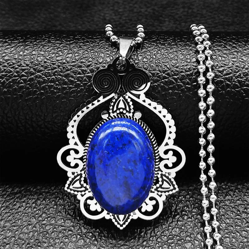 Lapislazzuli collana in pietra naturale in acciaio inossidabile boemia collana con ciondoli Color argento collare per gioielli acero inoxidable N2834S04