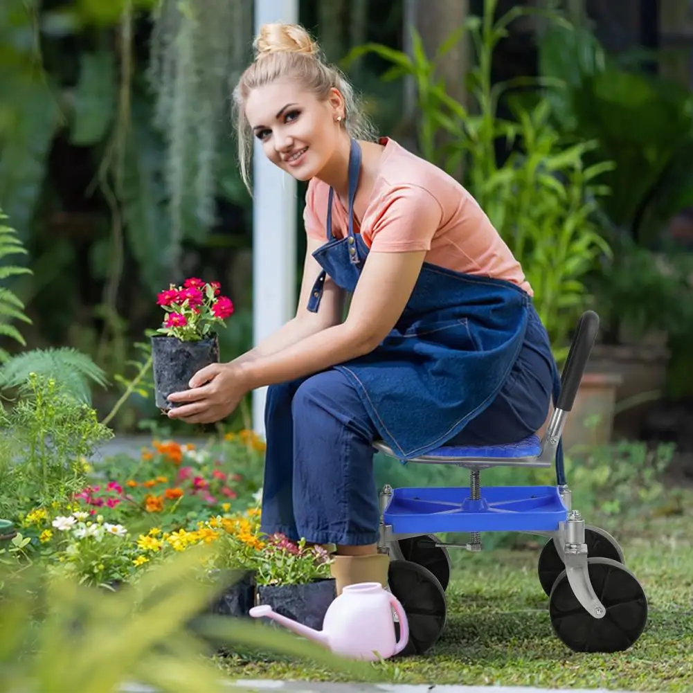 Siège de jardinage roulant, chariot de jardin réglable en hauteur, tabouret de jardin pivotant à 360 degrés avec plateau à outils, siège de travail roulant