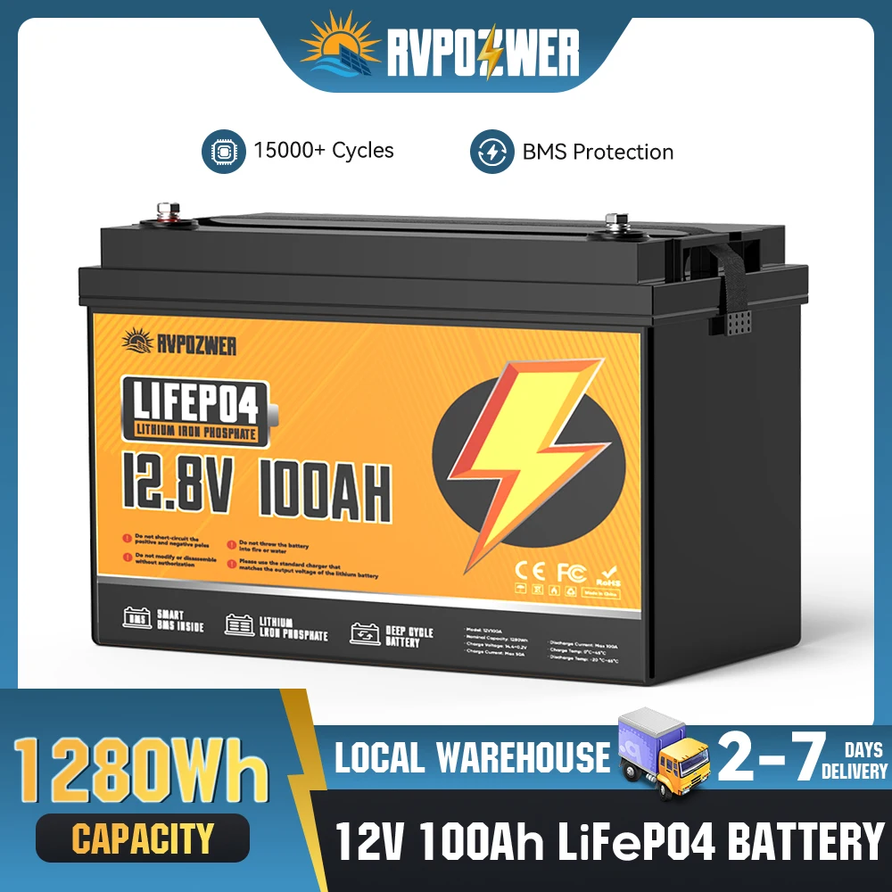 RVPOZWER 12V Lithium-Batterie 100Ah Nennkapazität LiFePO4 1280WH Akku mit BMS Solar Tragbare Wiederaufladbare Batterie 15000 Zyklen Image