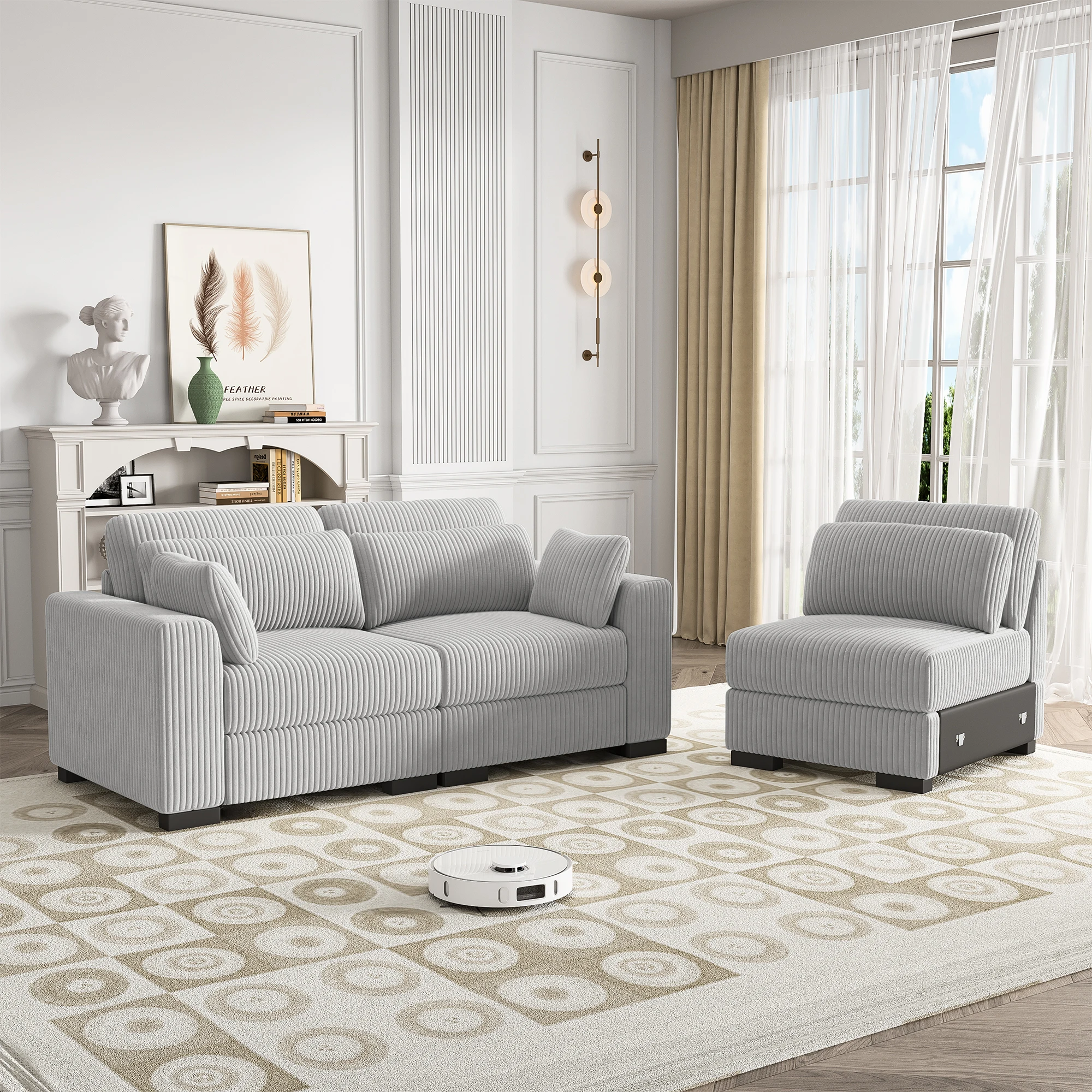 Rosahqnda Cord-Ecksofa, 2-Sitzer-Sofa-Set, Einzelsofa, Fußhocker, moderne Couch, 2/3/4-Sitzer-Sofa für Wohnzimmer, Büro Image